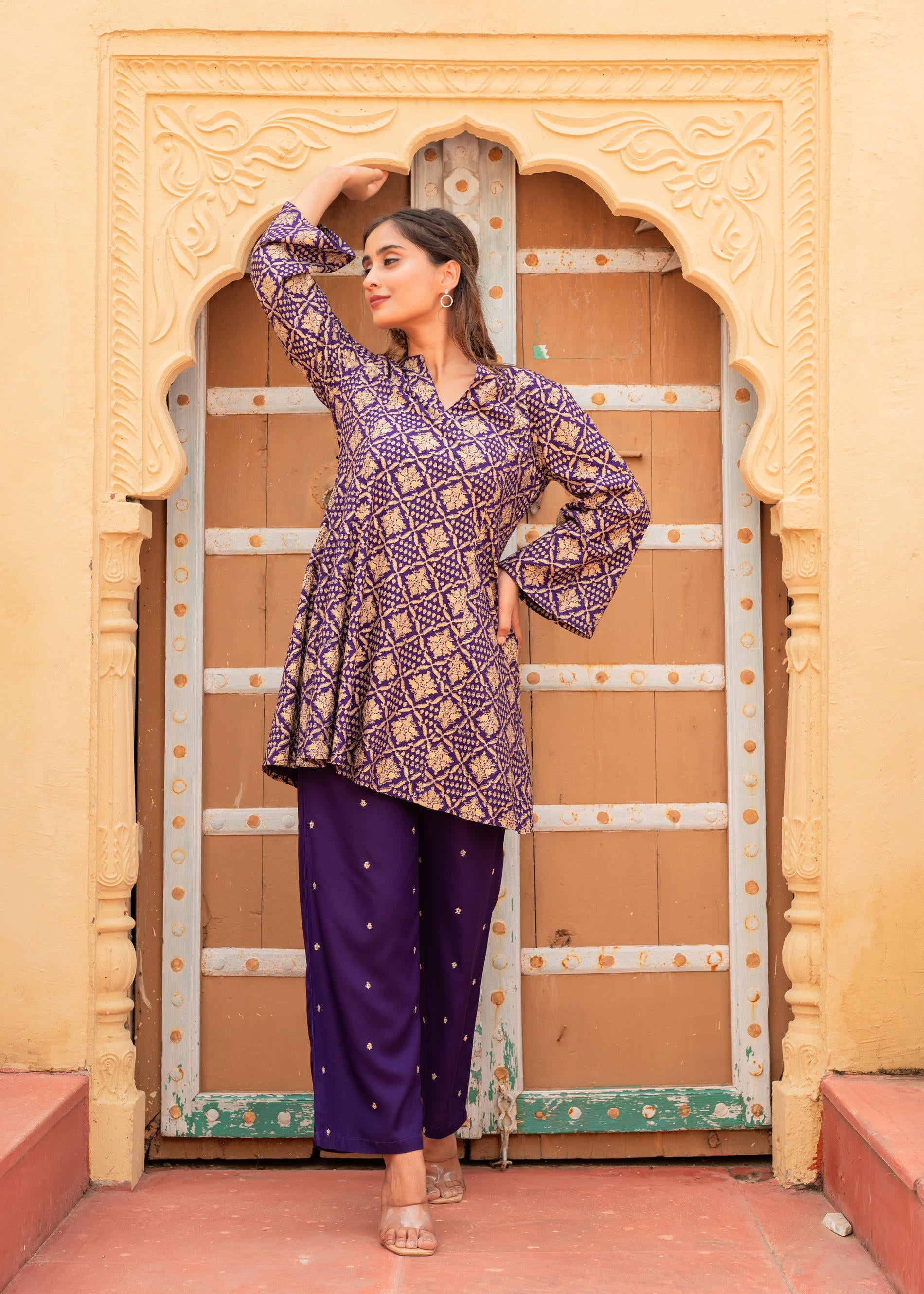 Purple Gold Geometric printed Kurta With Pants