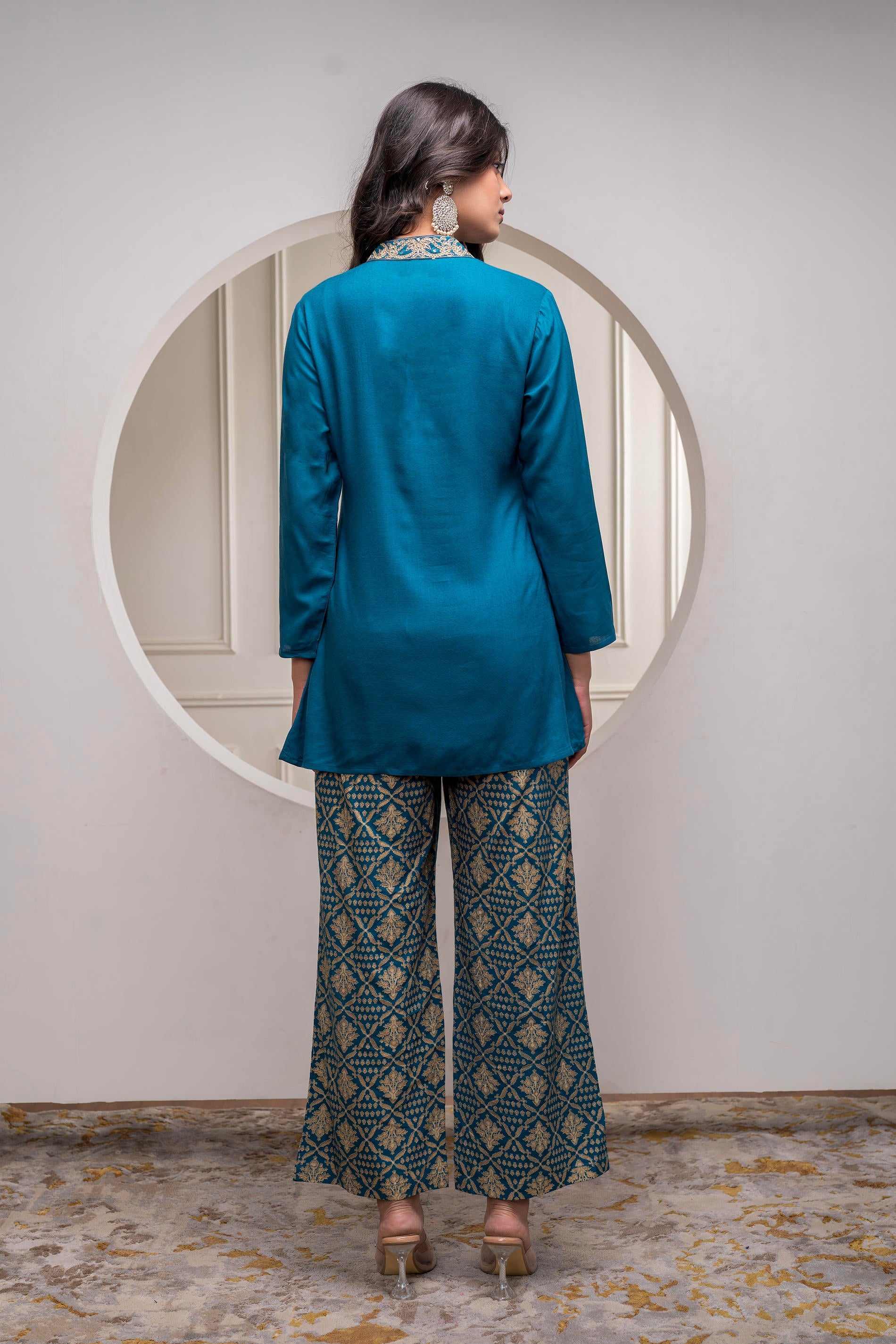 Viscose Teal Embroidered Kurta Pant Set with Zari & Mirror Work