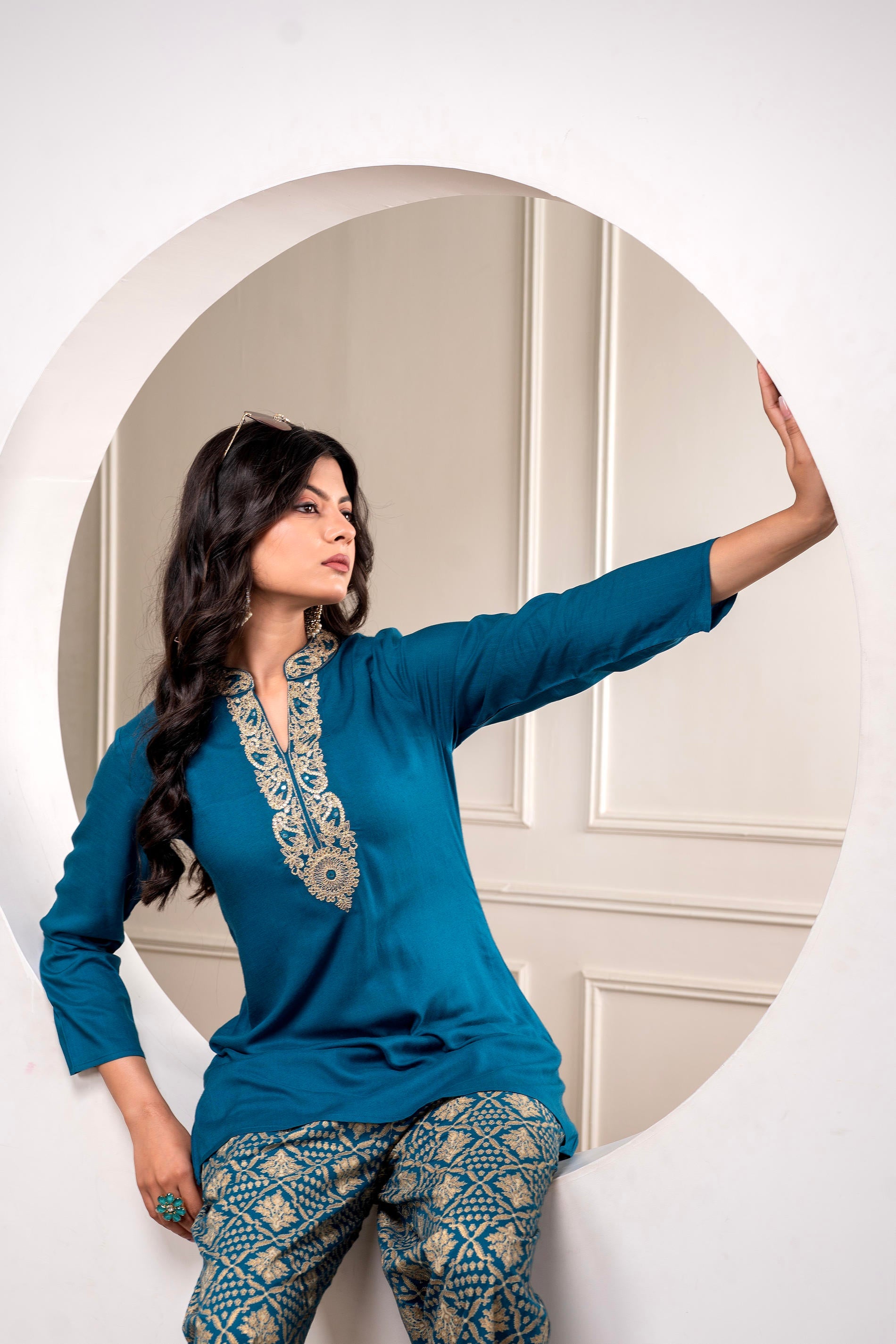 Viscose Teal Embroidered Kurta Pant Set with Zari & Mirror Work