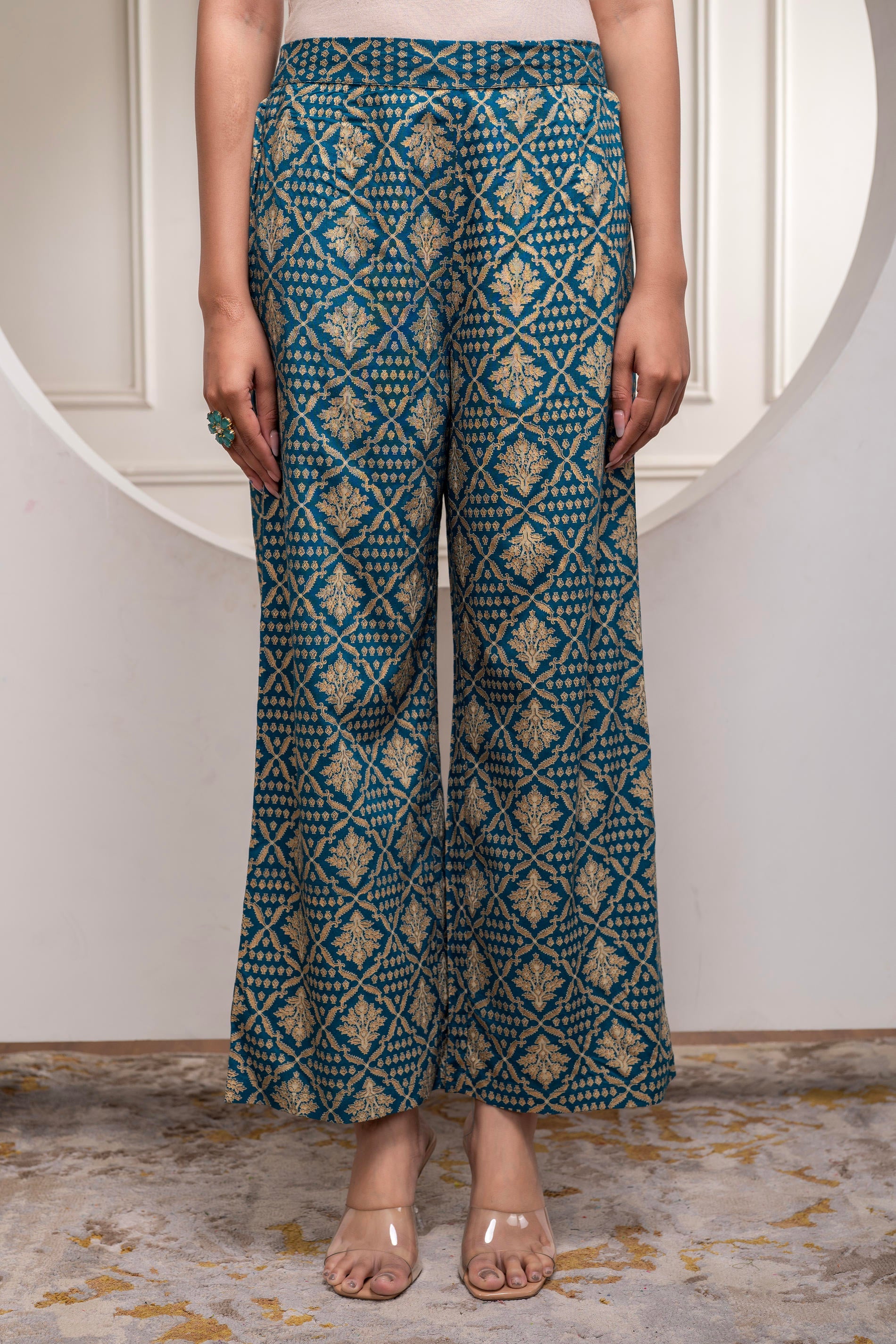 Viscose Teal Embroidered Kurta Pant Set with Zari & Mirror Work