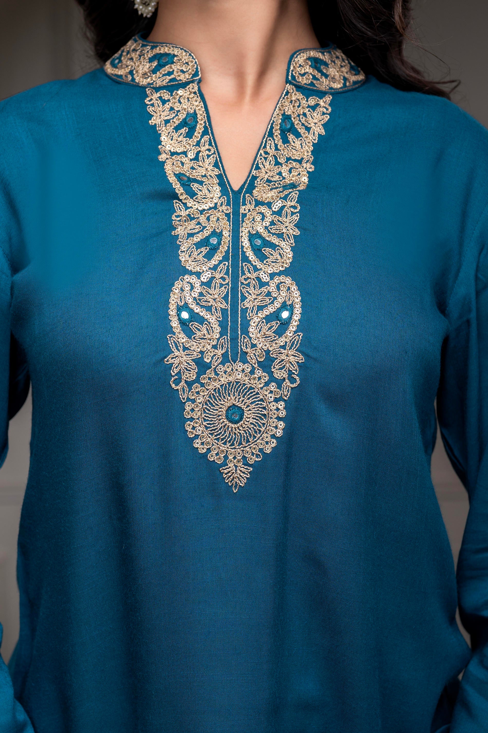 Viscose Teal Embroidered Kurta Pant Set with Zari & Mirror Work