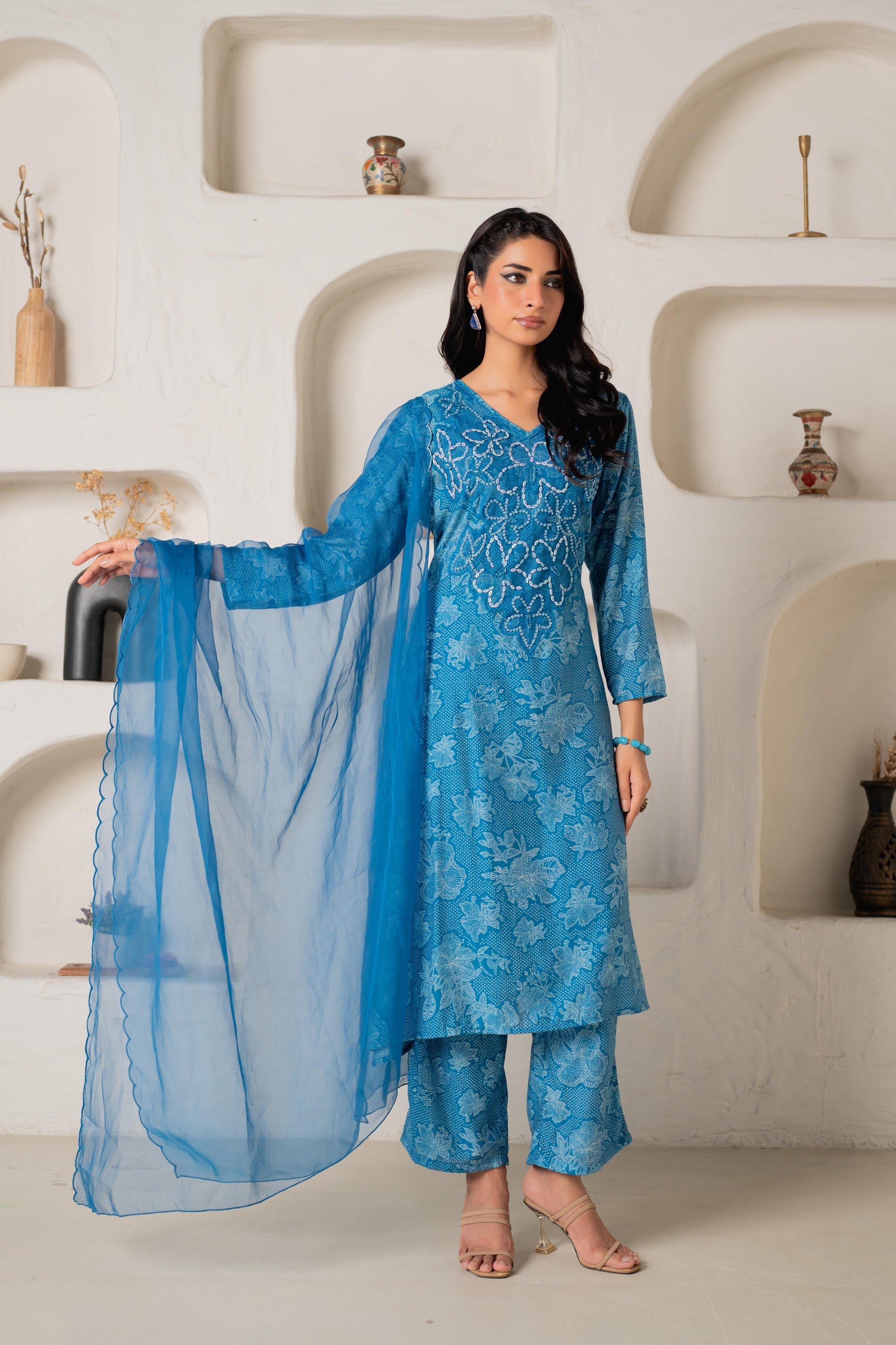 Blue Floral Embellished A-Line Kurta Pant and Dupatta Set with Beads & Sequence Work