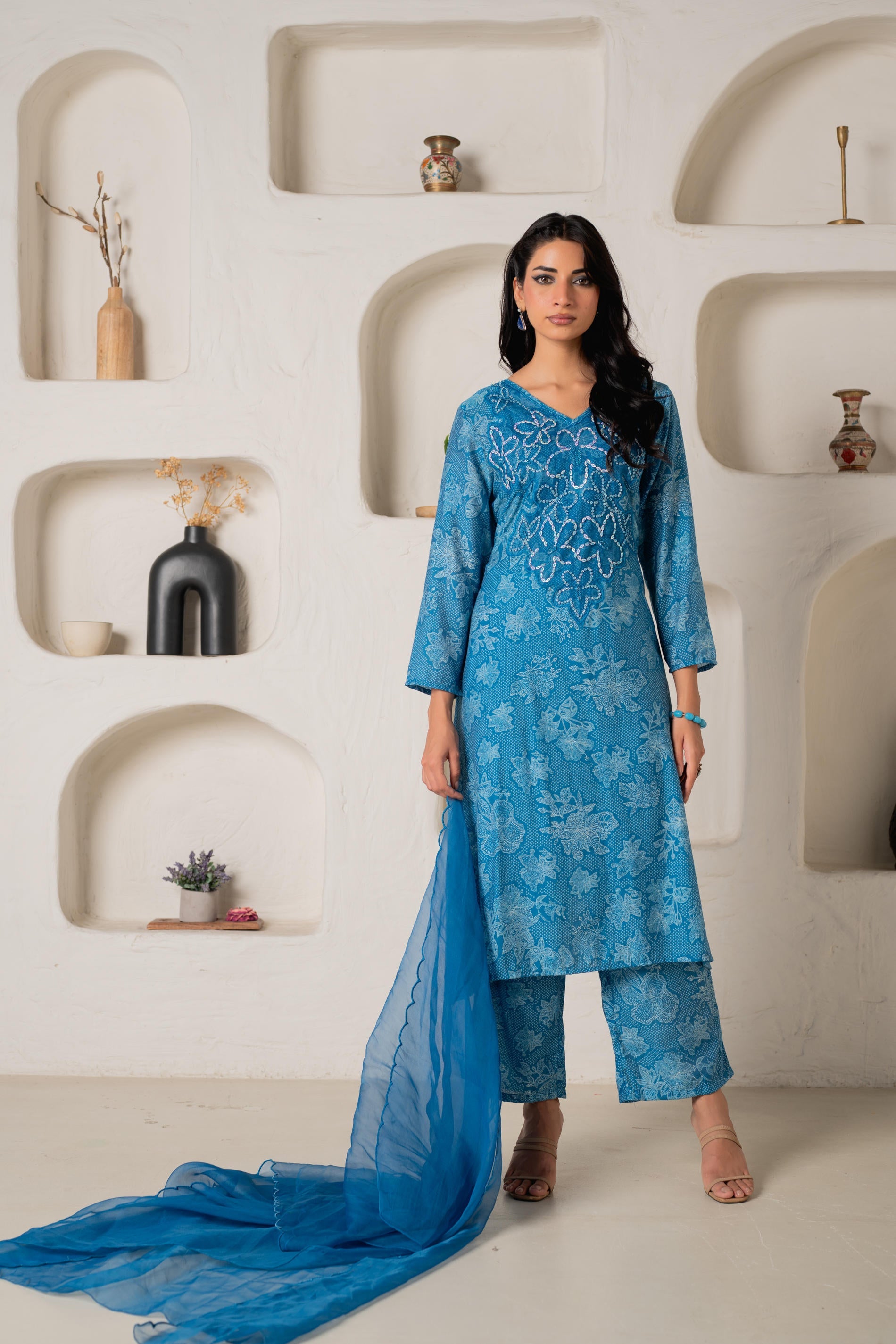 Blue Floral Embellished A-Line Kurta Pant and Dupatta Set with Beads & Sequence Work