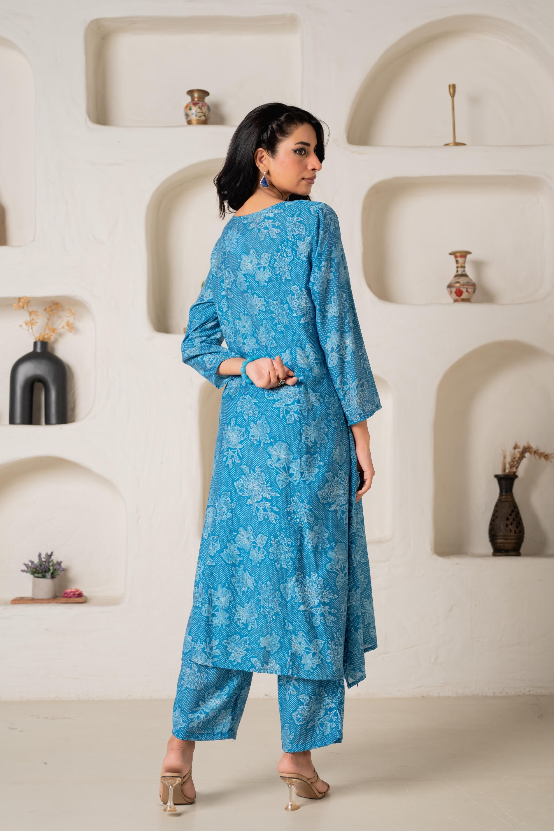 Blue Floral Embellished A-Line Kurta Pant and Dupatta Set with Beads & Sequence Work