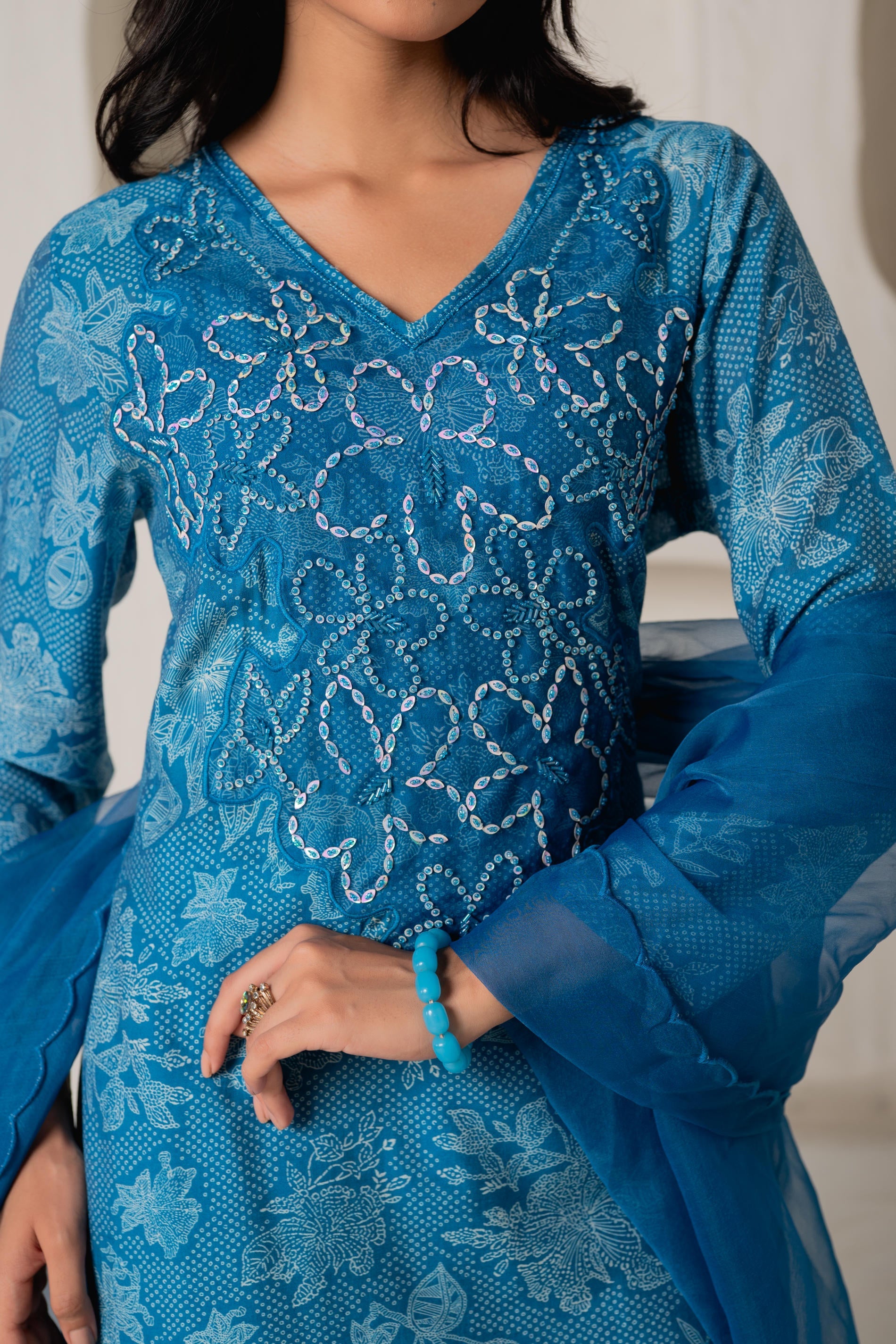 Blue Floral Embellished A-Line Kurta Pant and Dupatta Set with Beads & Sequence Work
