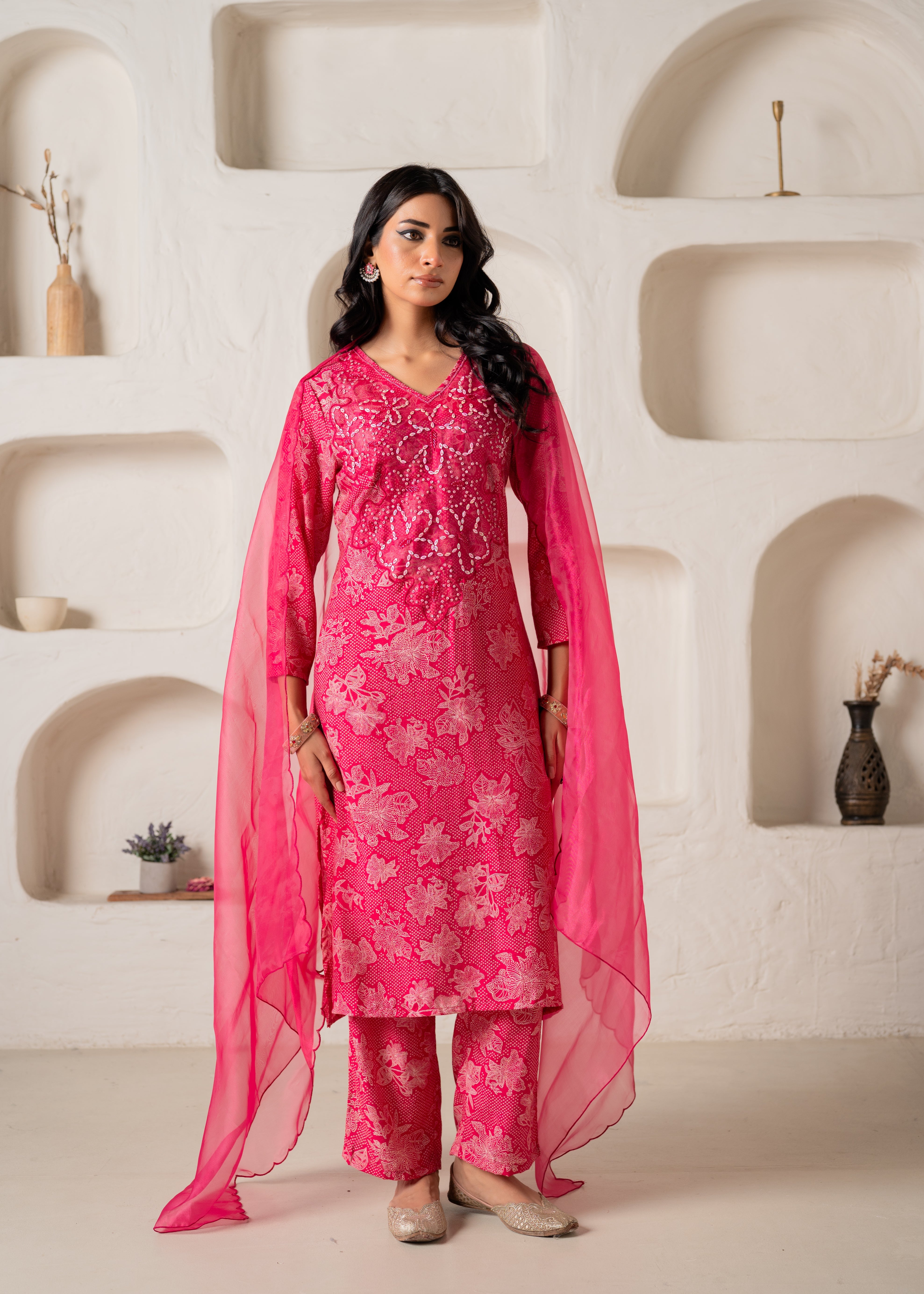 Fuchsia Floral Embellished A-Line Kurta Pant and Dupatta Set with Beads & Sequence Work
