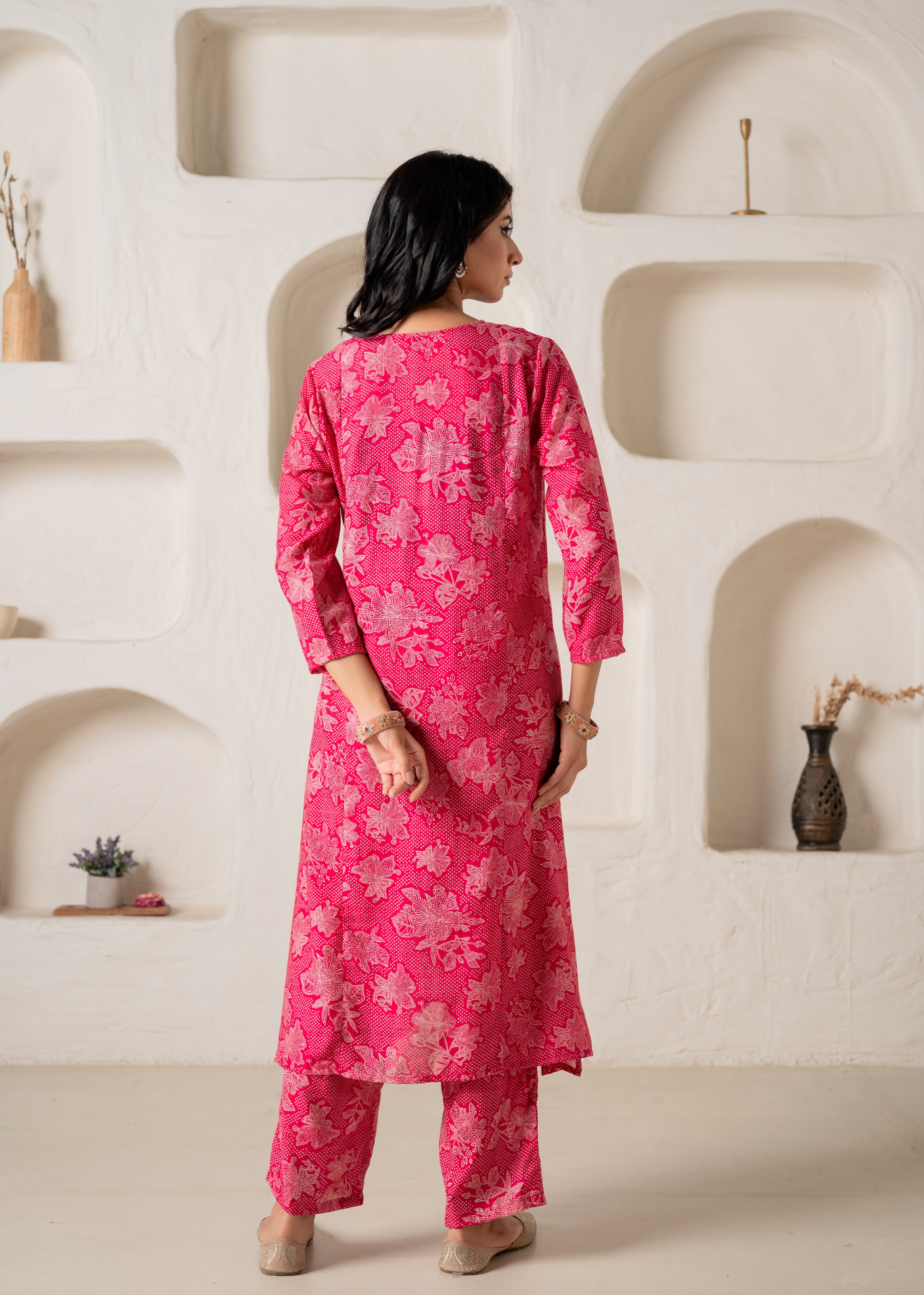 Fuchsia Floral Embellished A-Line Kurta Pant and Dupatta Set with Beads & Sequence Work