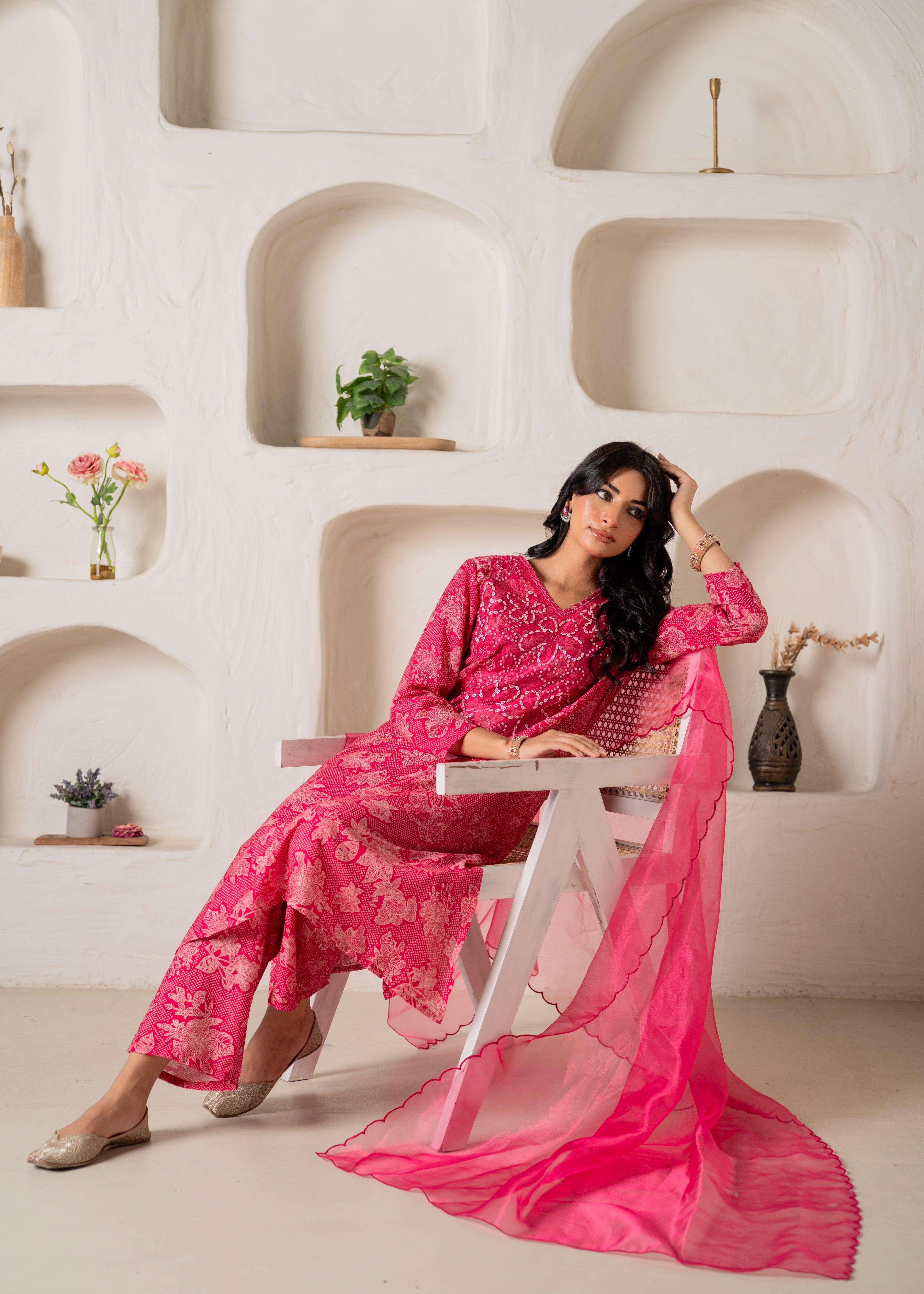 Fuchsia Floral Embellished A-Line Kurta Pant and Dupatta Set with Beads & Sequence Work