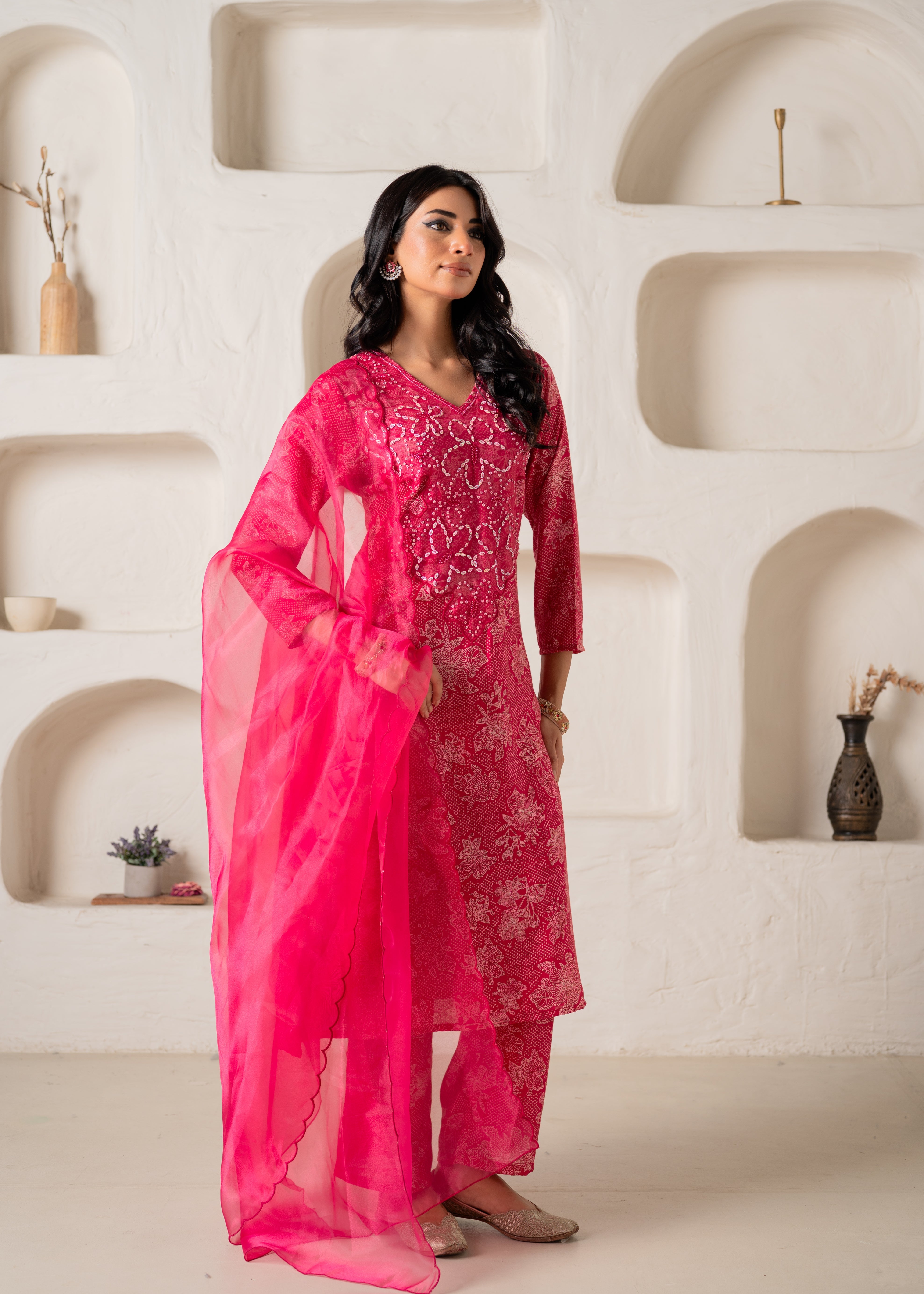 Fuchsia Floral Embellished A-Line Kurta Pant and Dupatta Set with Beads & Sequence Work