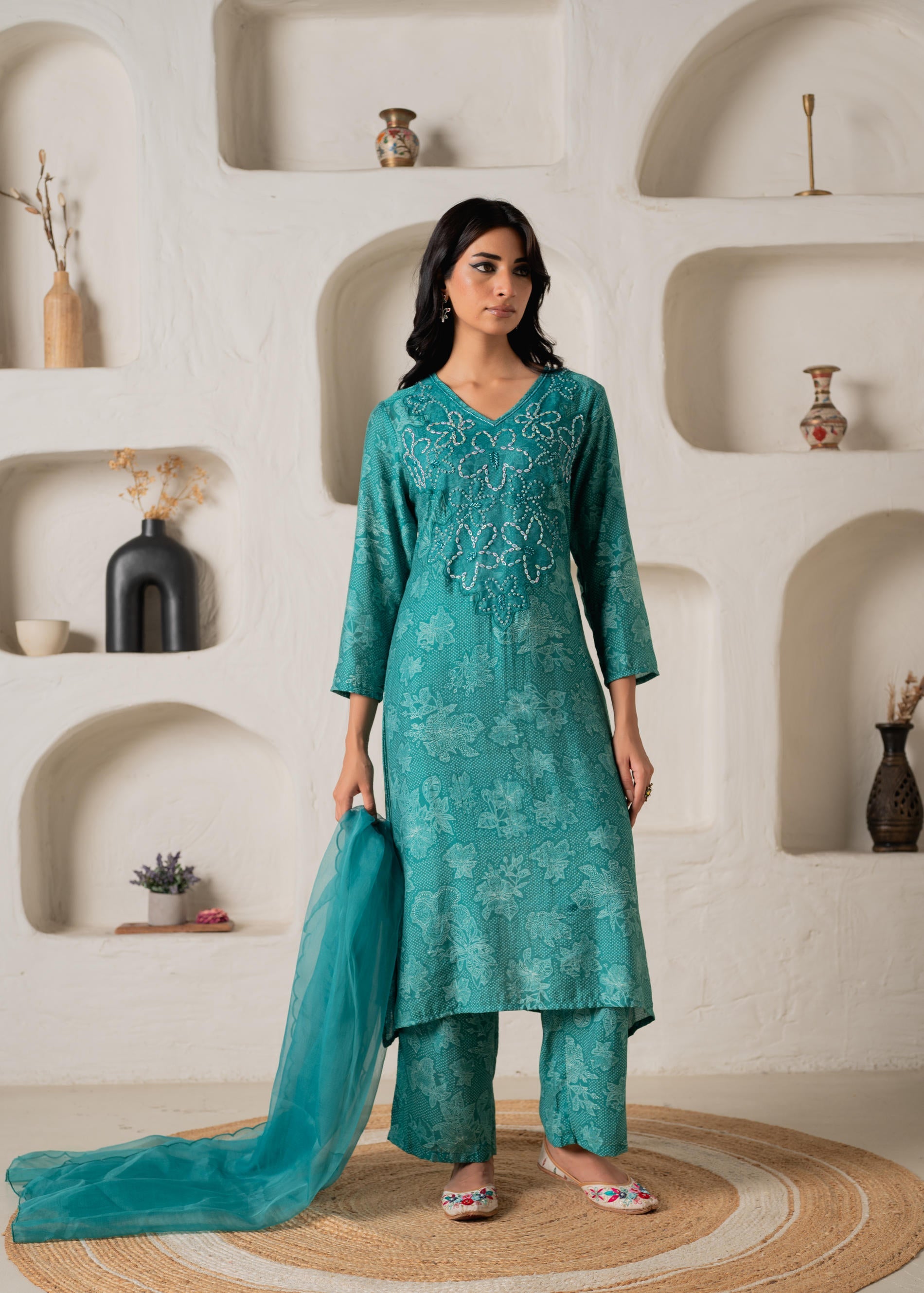Green Floral Embellished A-Line Kurta Pant and Dupatta Set with Beads & Sequence Work