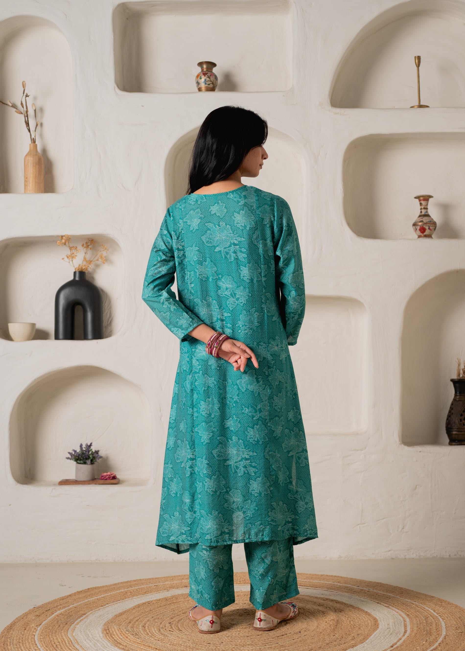 Green Floral Embellished A-Line Kurta Pant and Dupatta Set with Beads & Sequence Work