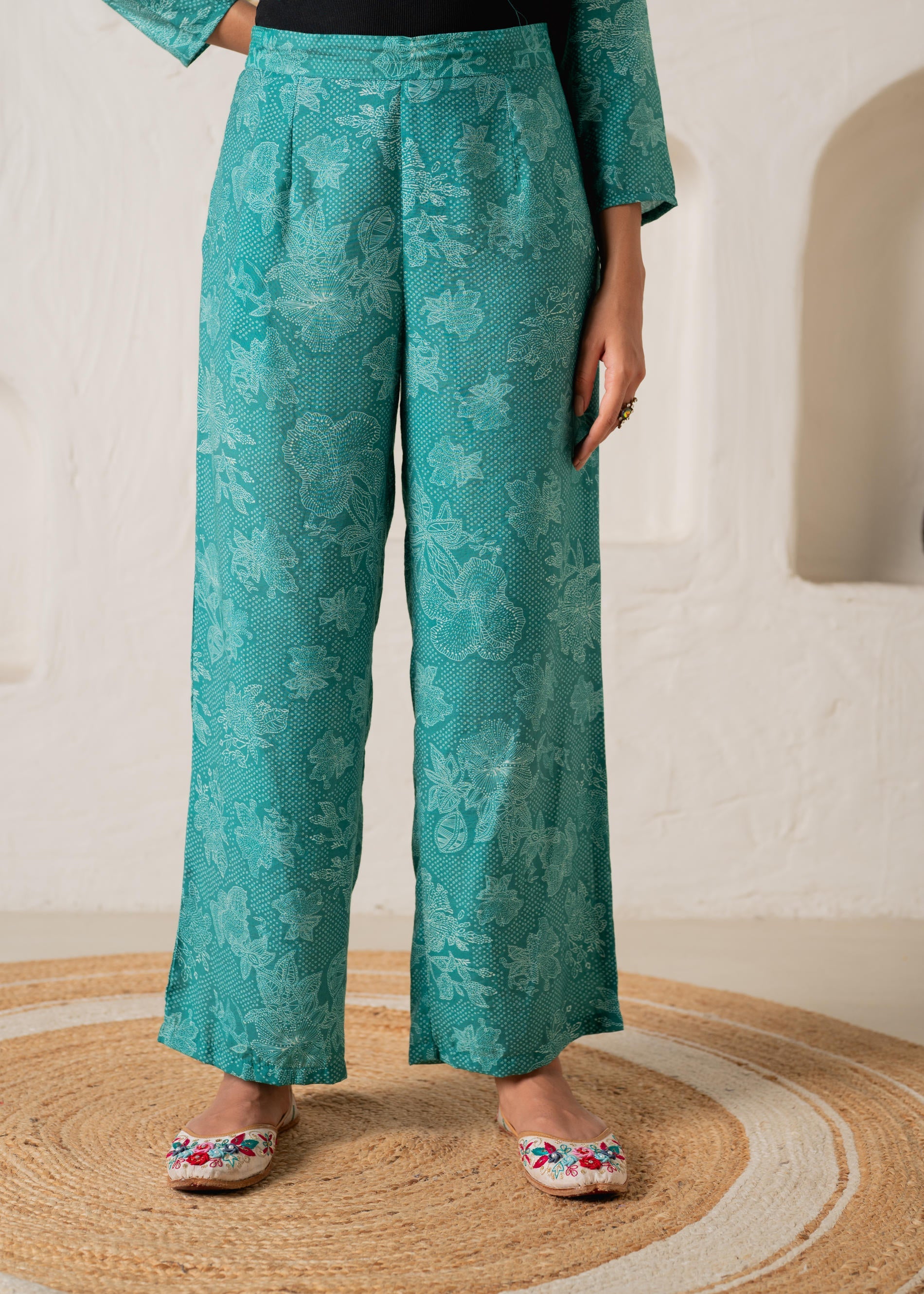 Green Floral Embellished A-Line Kurta Pant and Dupatta Set with Beads & Sequence Work