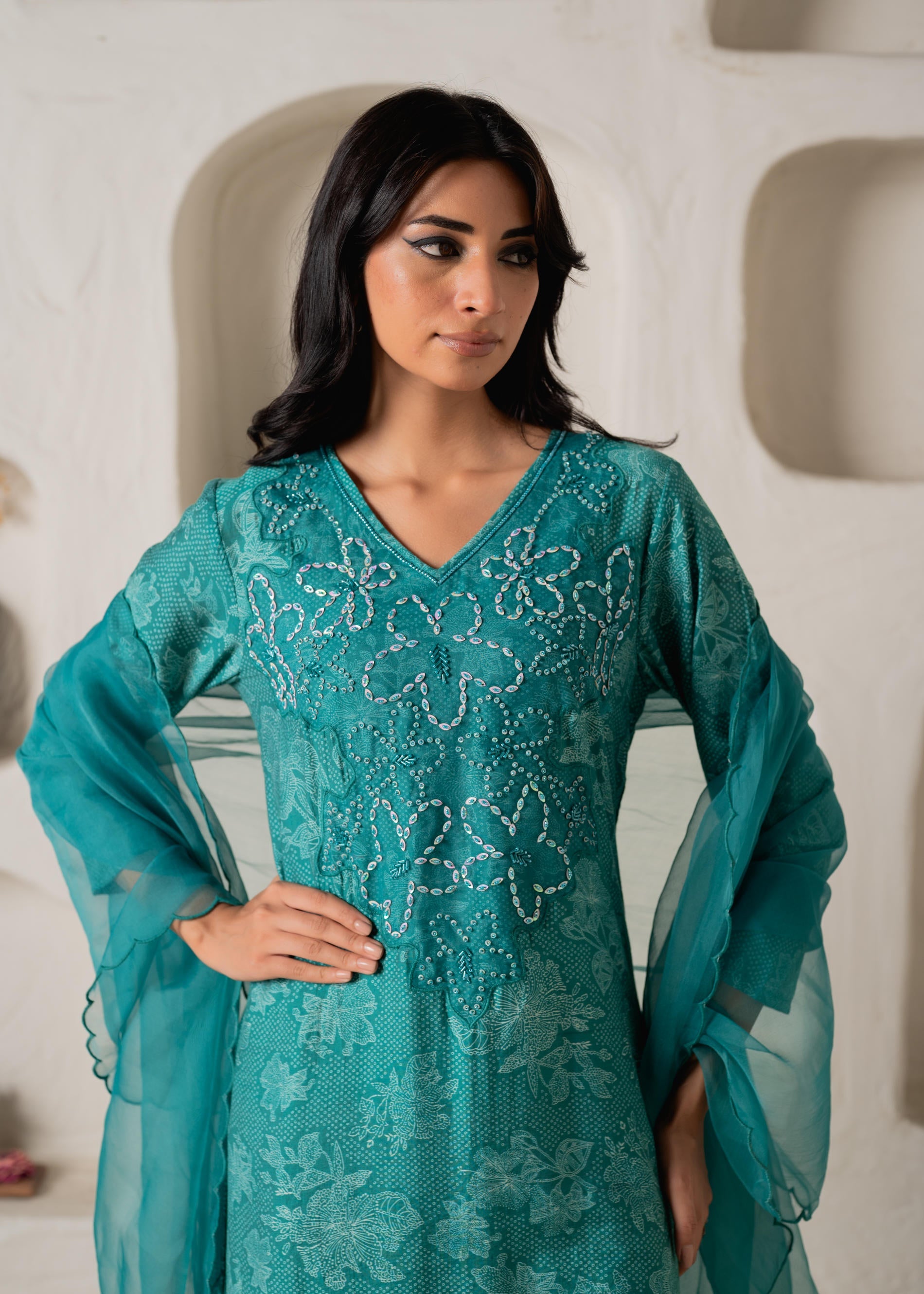 Green Floral Embellished A-Line Kurta Pant and Dupatta Set with Beads & Sequence Work