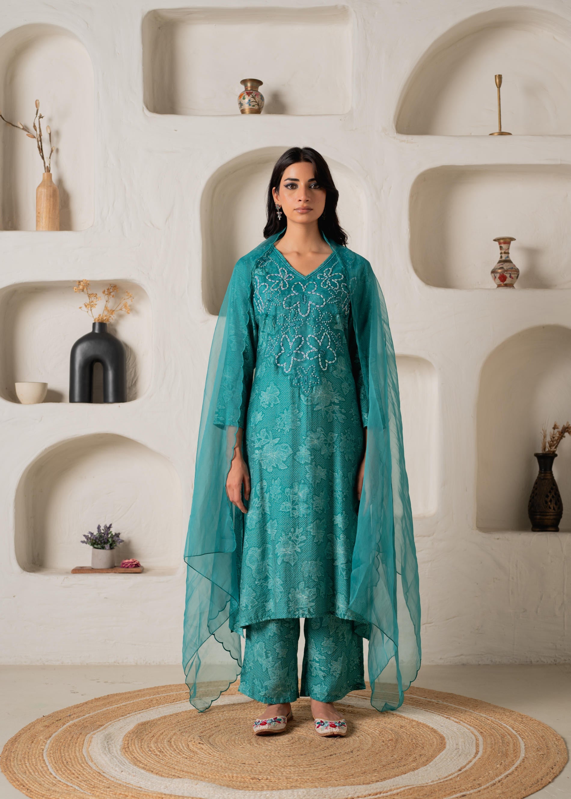 Green Floral Embellished A-Line Kurta Pant and Dupatta Set with Beads & Sequence Work