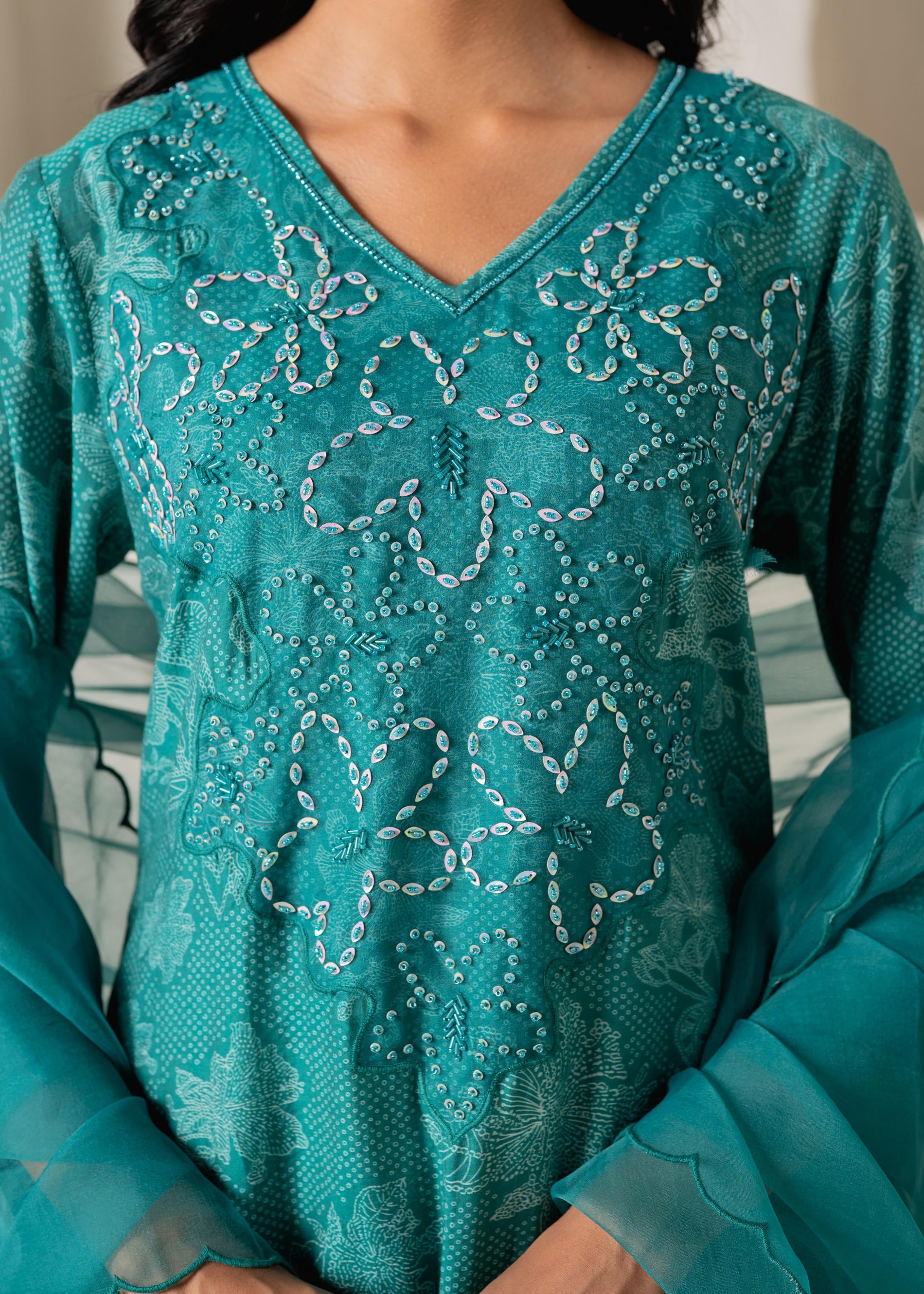 Green Floral Embellished A-Line Kurta Pant and Dupatta Set with Beads & Sequence Work