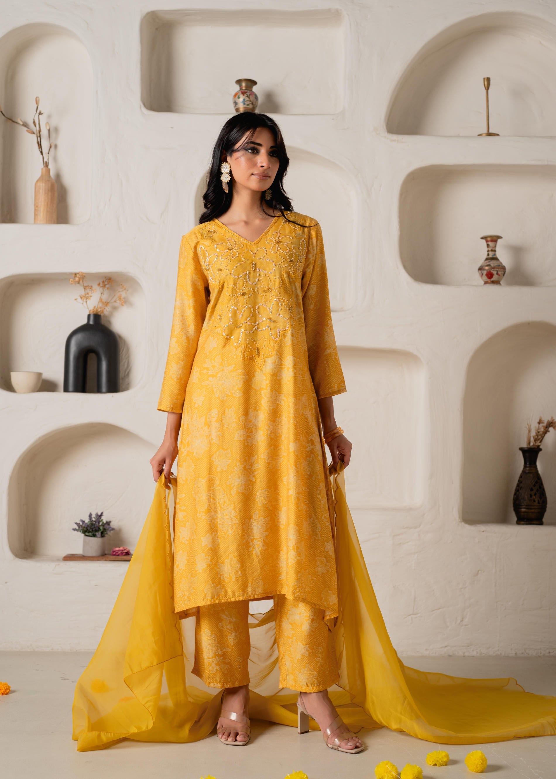 Mustard Floral Embellished A-Line Kurta Pant and Dupatta Set with Beads & Sequence Work