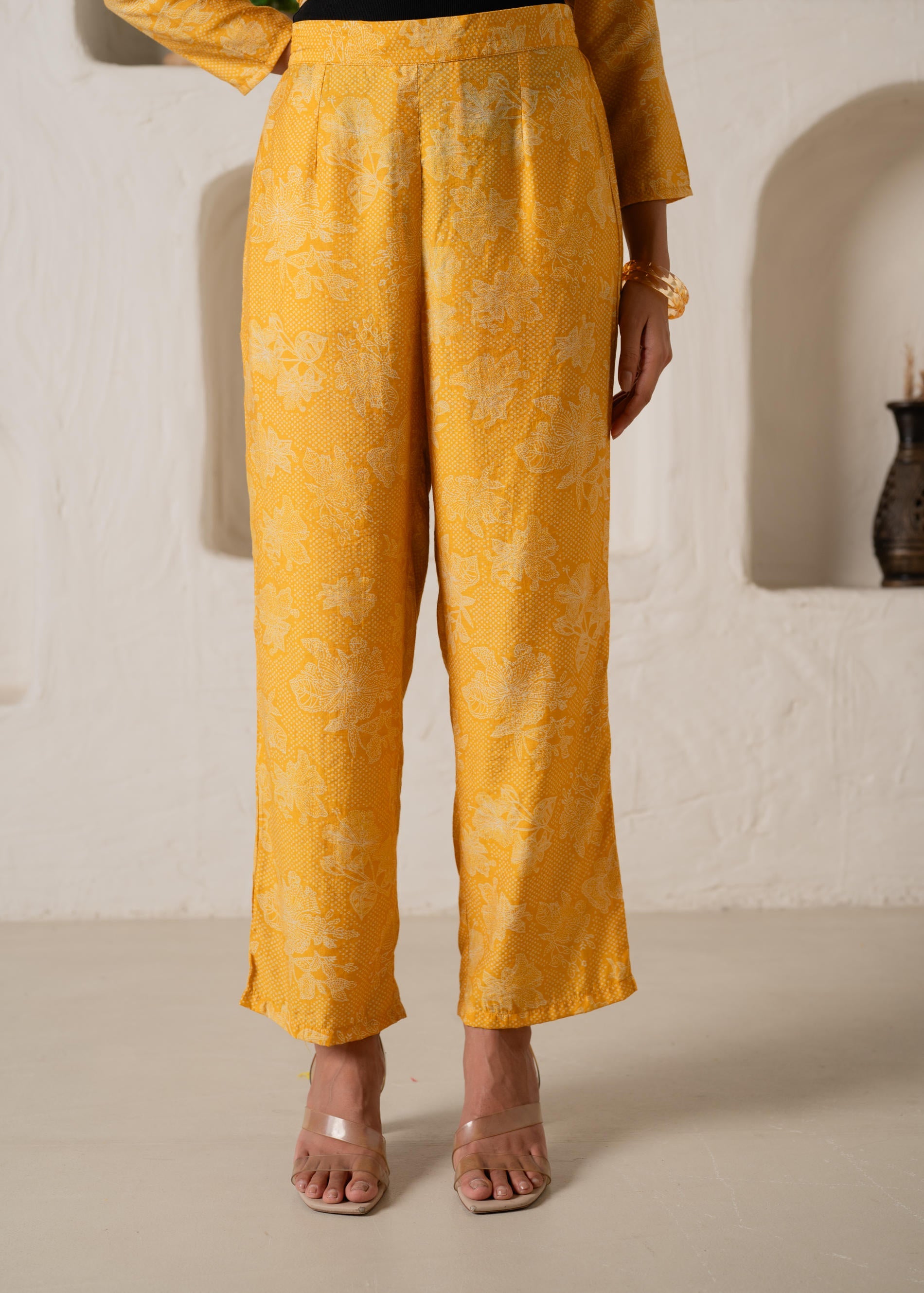 Mustard Floral Embellished A-Line Kurta Pant and Dupatta Set with Beads & Sequence Work