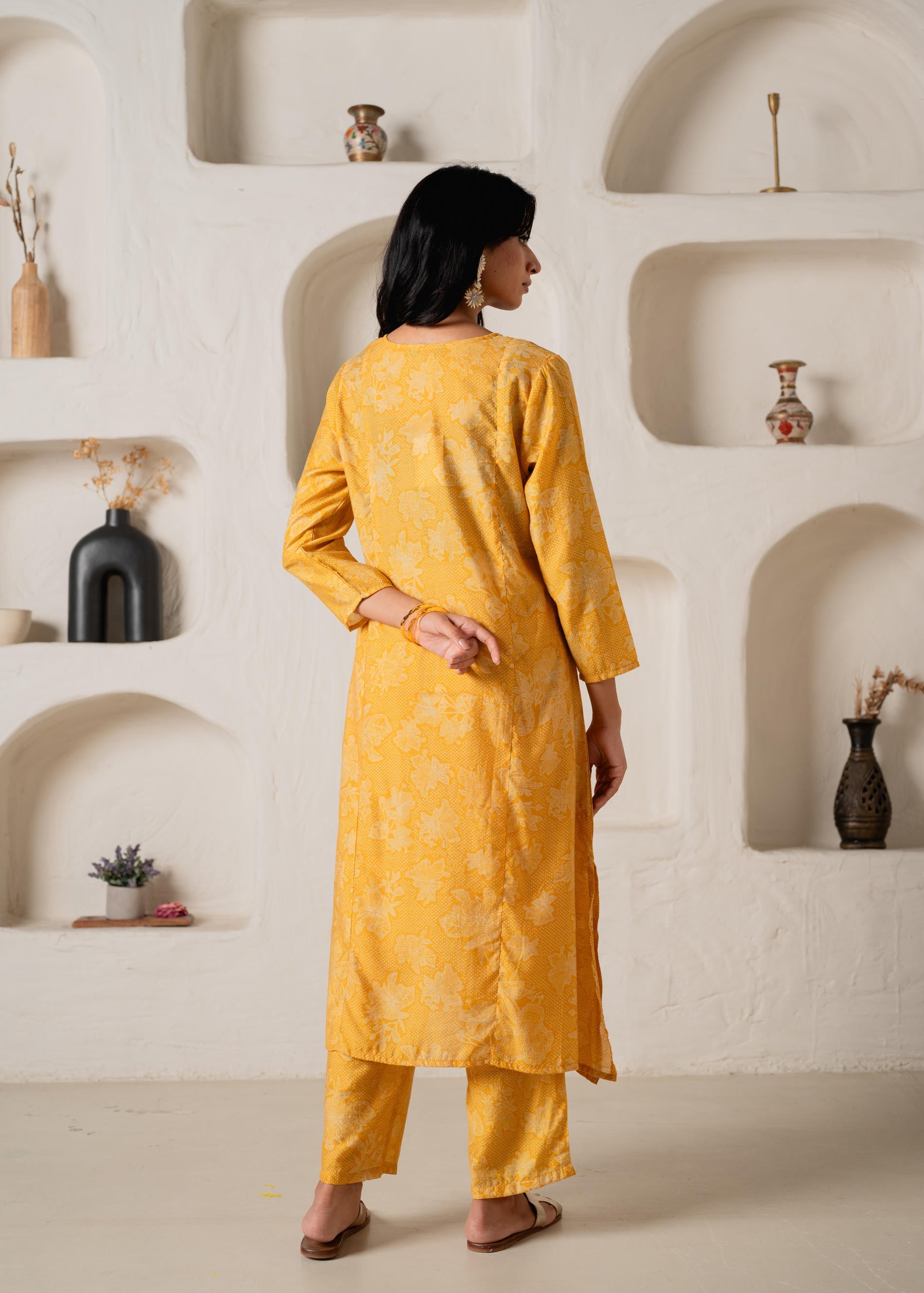Mustard Floral Embellished A-Line Kurta Pant and Dupatta Set with Beads & Sequence Work
