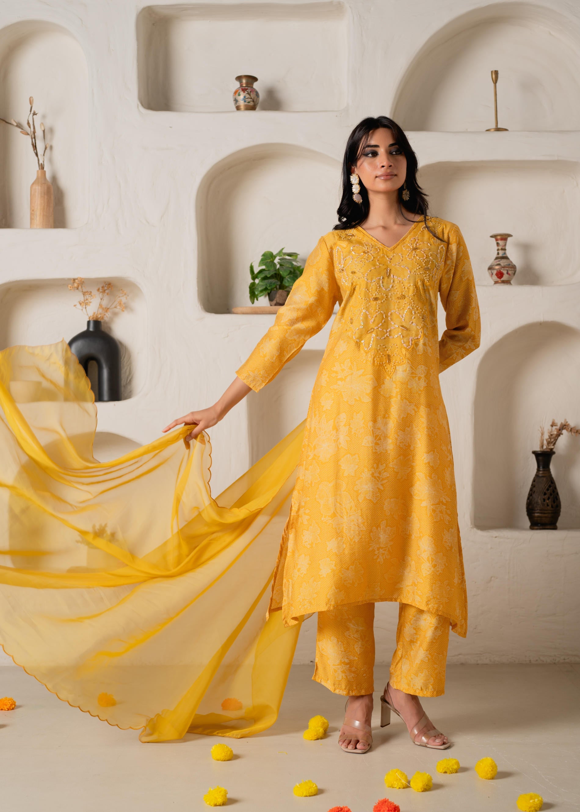 Mustard Floral Embellished A-Line Kurta Pant and Dupatta Set with Beads & Sequence Work