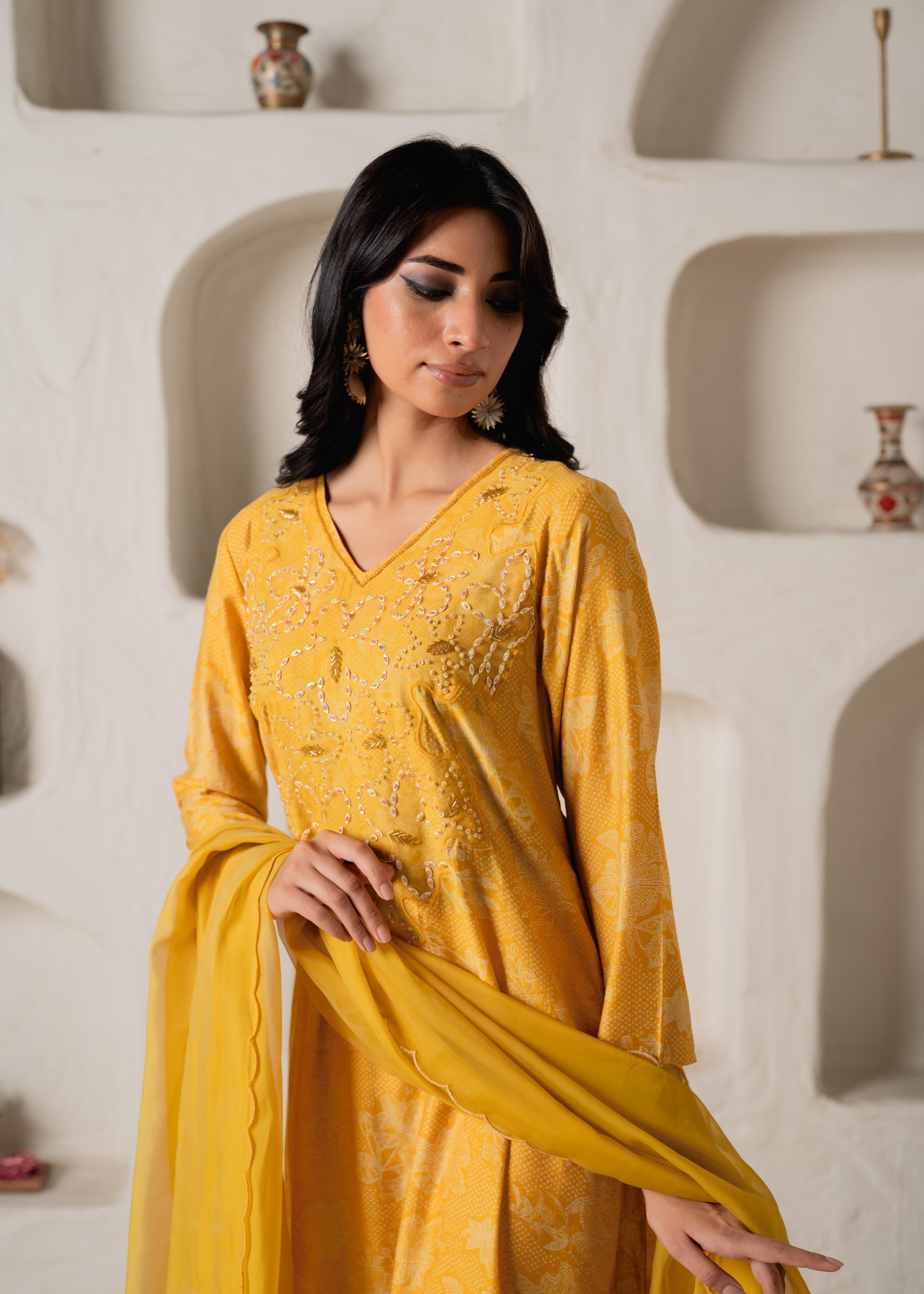 Mustard Floral Embellished A-Line Kurta Pant and Dupatta Set with Beads & Sequence Work