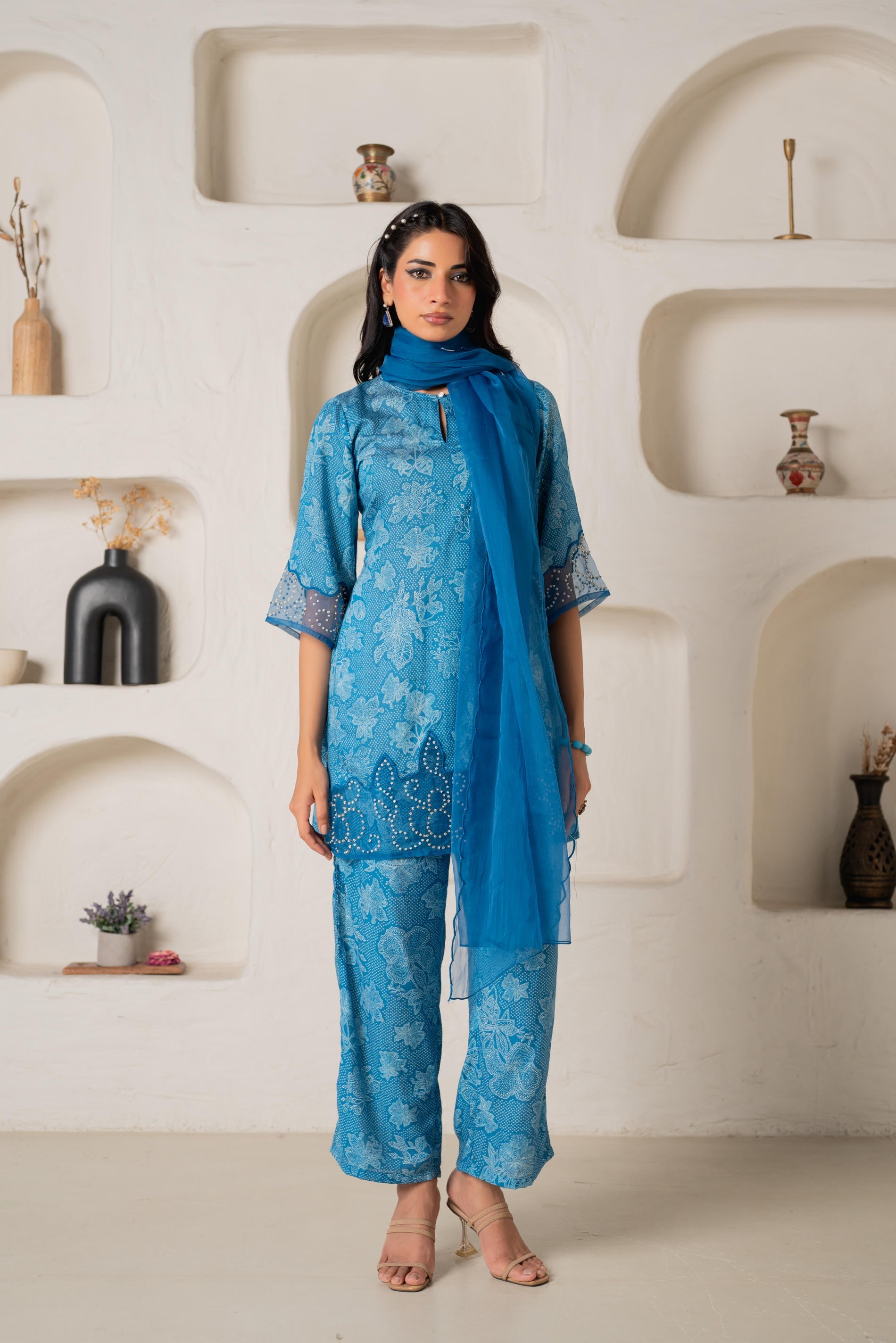 Blue Floral Embellished A-Line Kurta Pant and Dupatta Set with Beads & Sequence Work