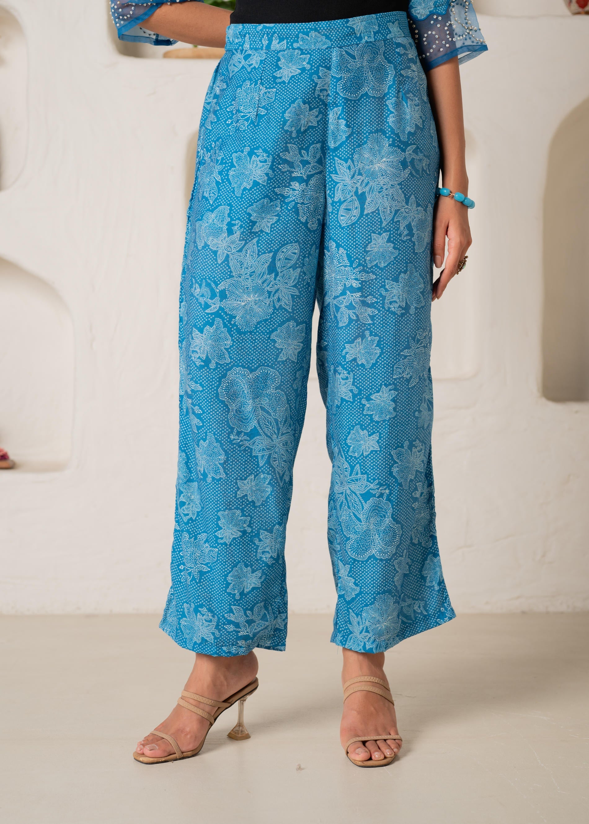 Blue Floral Embellished A-Line Kurta Pant and Dupatta Set with Beads & Sequence Work