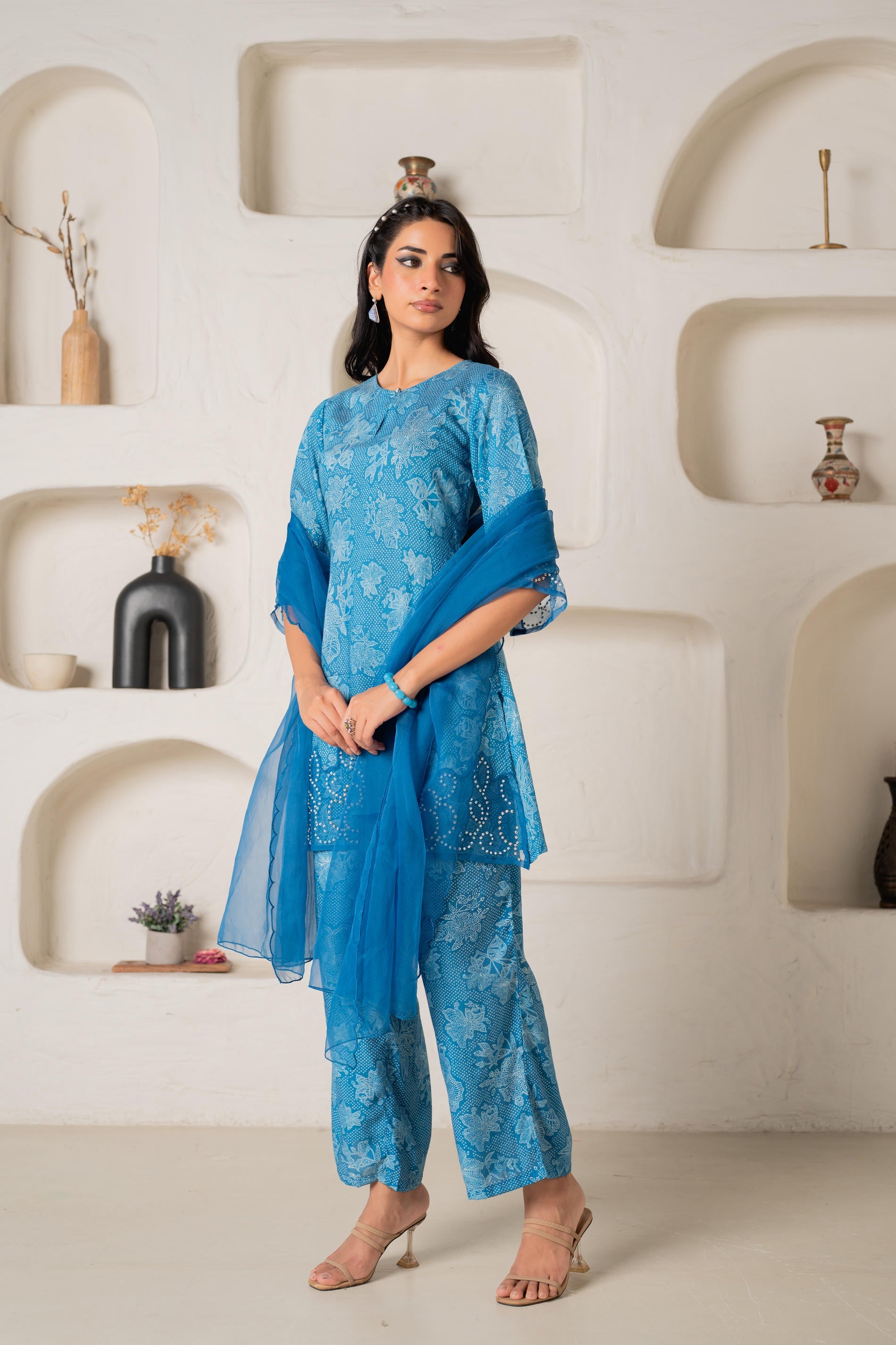 Blue Floral Embellished A-Line Kurta Pant and Dupatta Set with Beads & Sequence Work