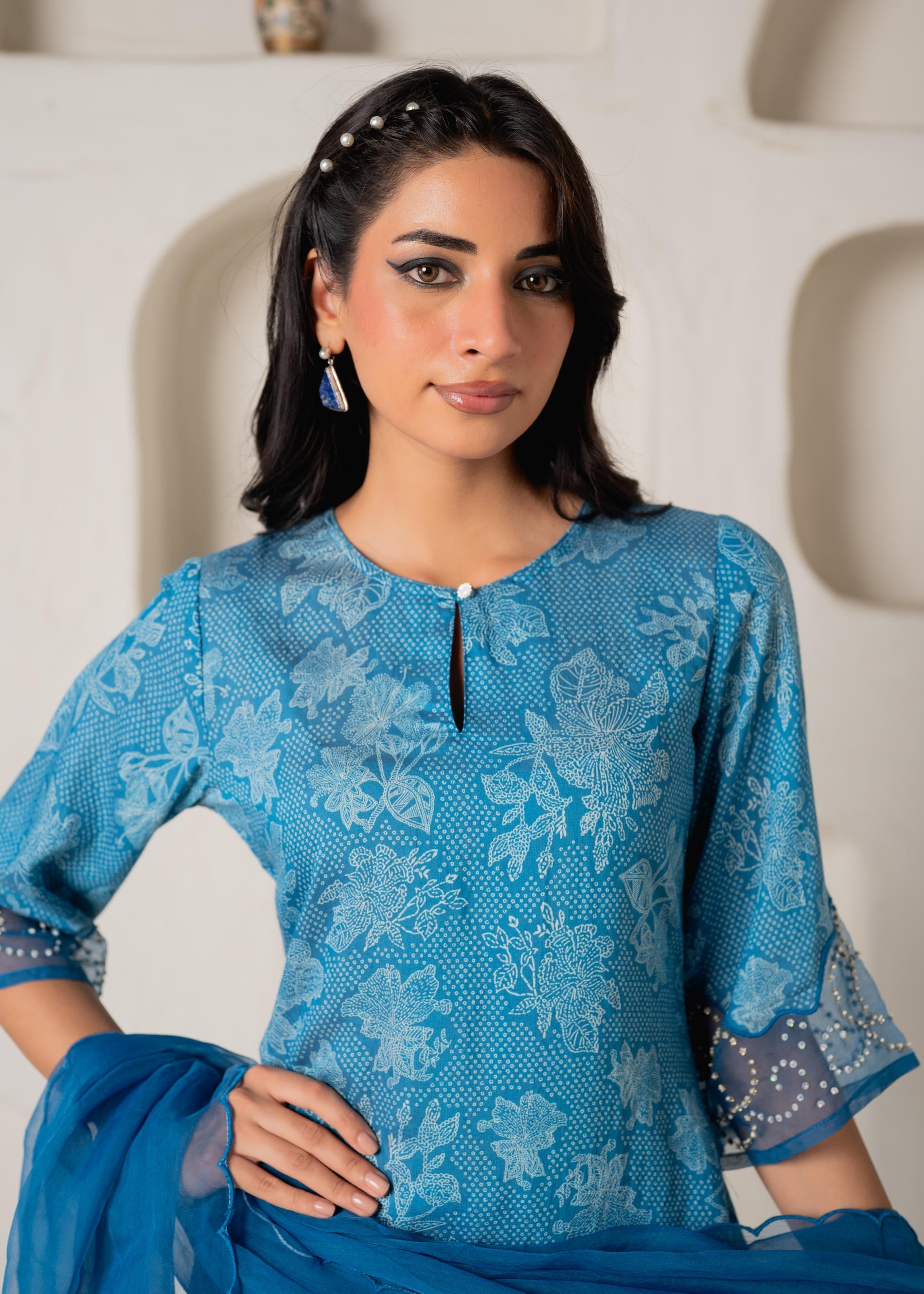 Blue Floral Embellished A-Line Kurta Pant and Dupatta Set with Beads & Sequence Work