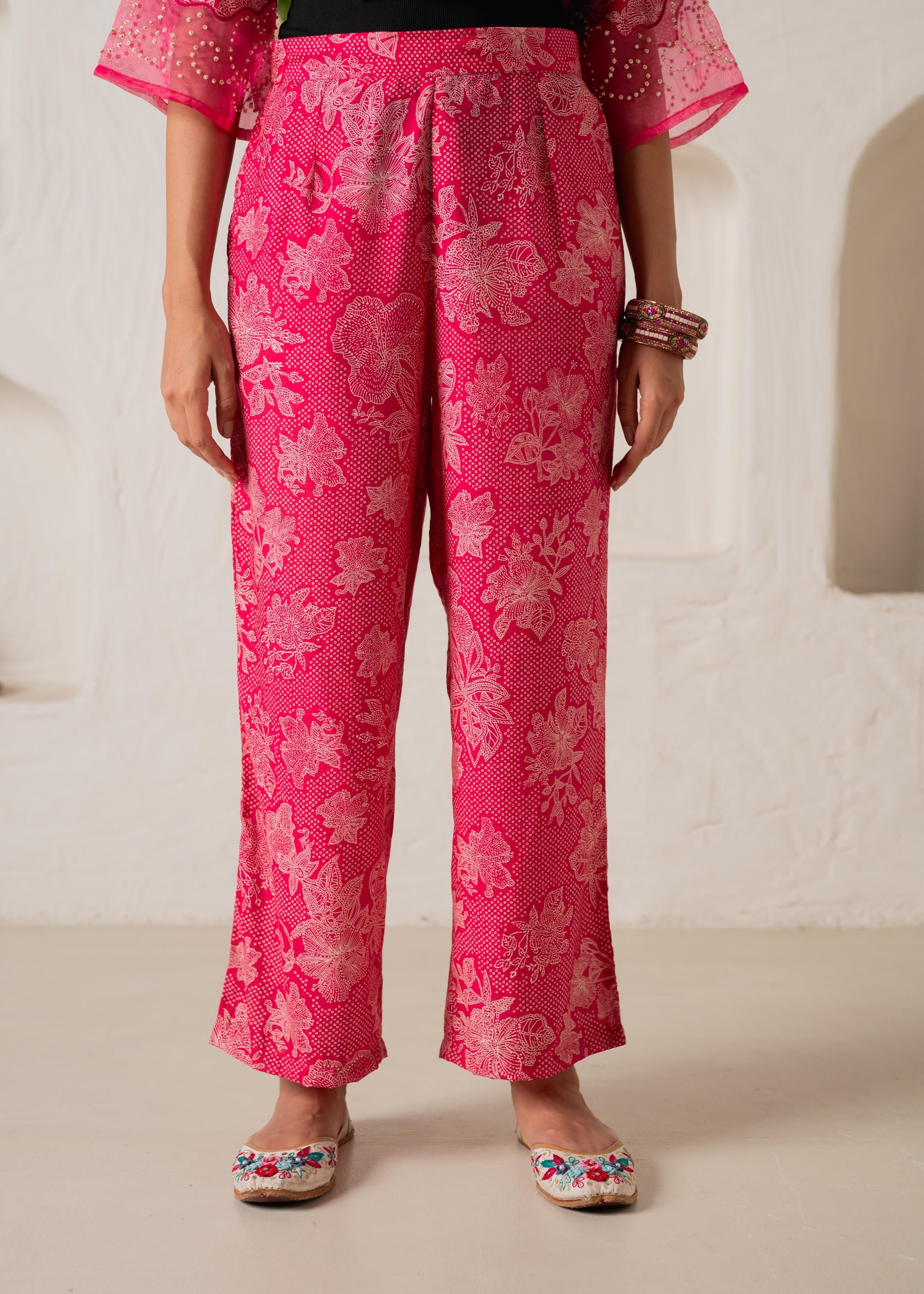 Fuchsia Floral Embellished A-Line Kurta Pant and Dupatta Set with Beads & Sequence Work
