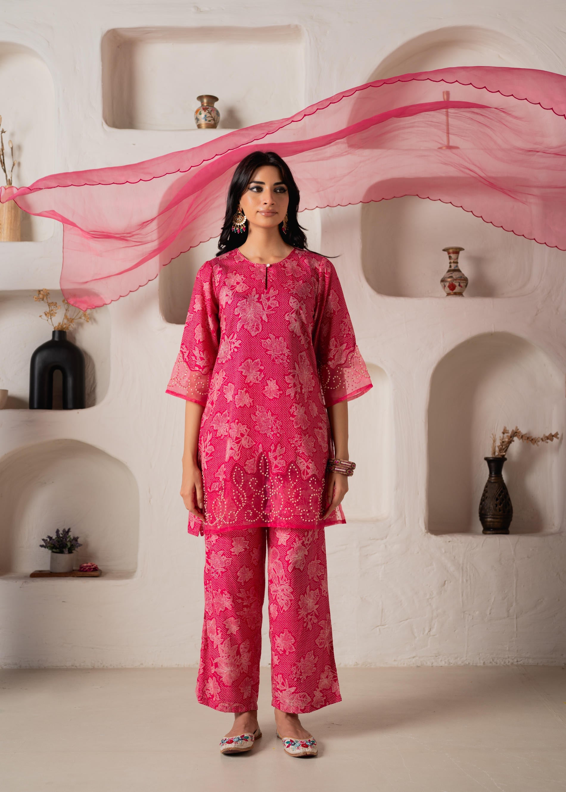Fuchsia Floral Embellished A-Line Kurta Pant and Dupatta Set with Beads & Sequence Work