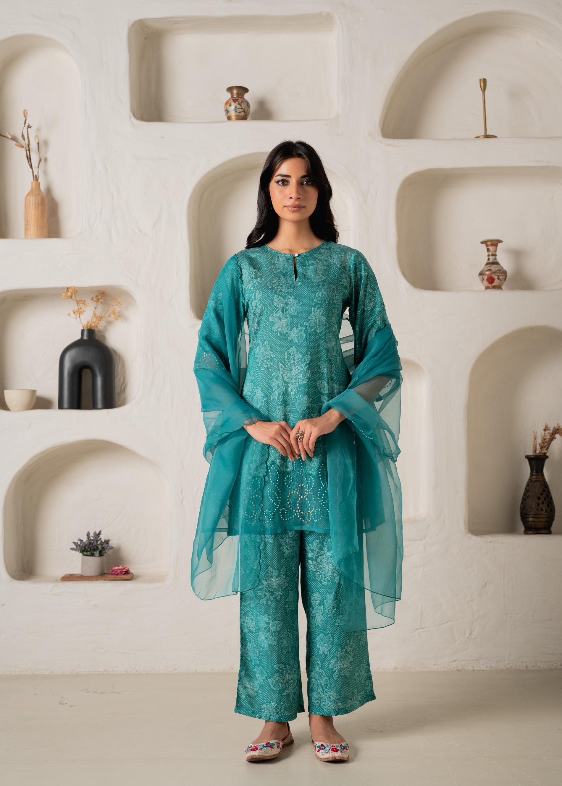 Green Floral Embellished A-Line Kurta Pant and Dupatta Set with Beads & Sequence Work