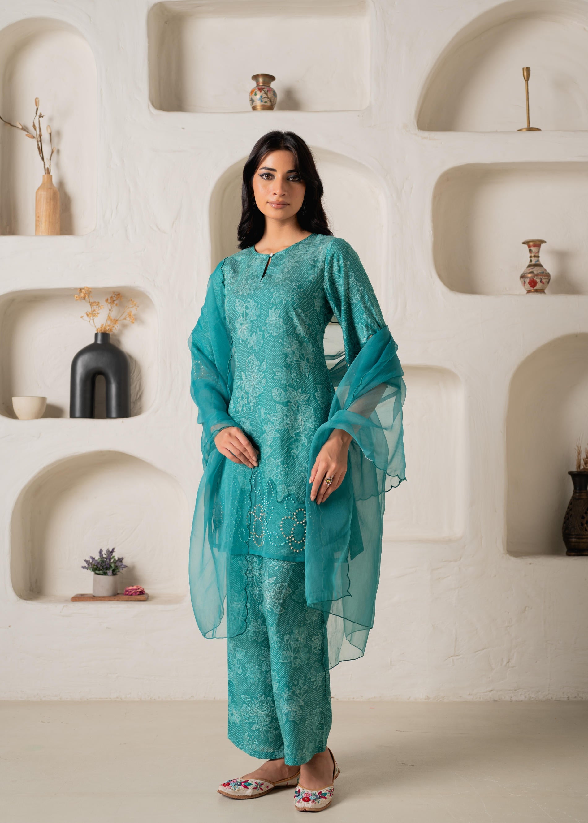 Green Floral Embellished A-Line Kurta Pant and Dupatta Set with Beads & Sequence Work