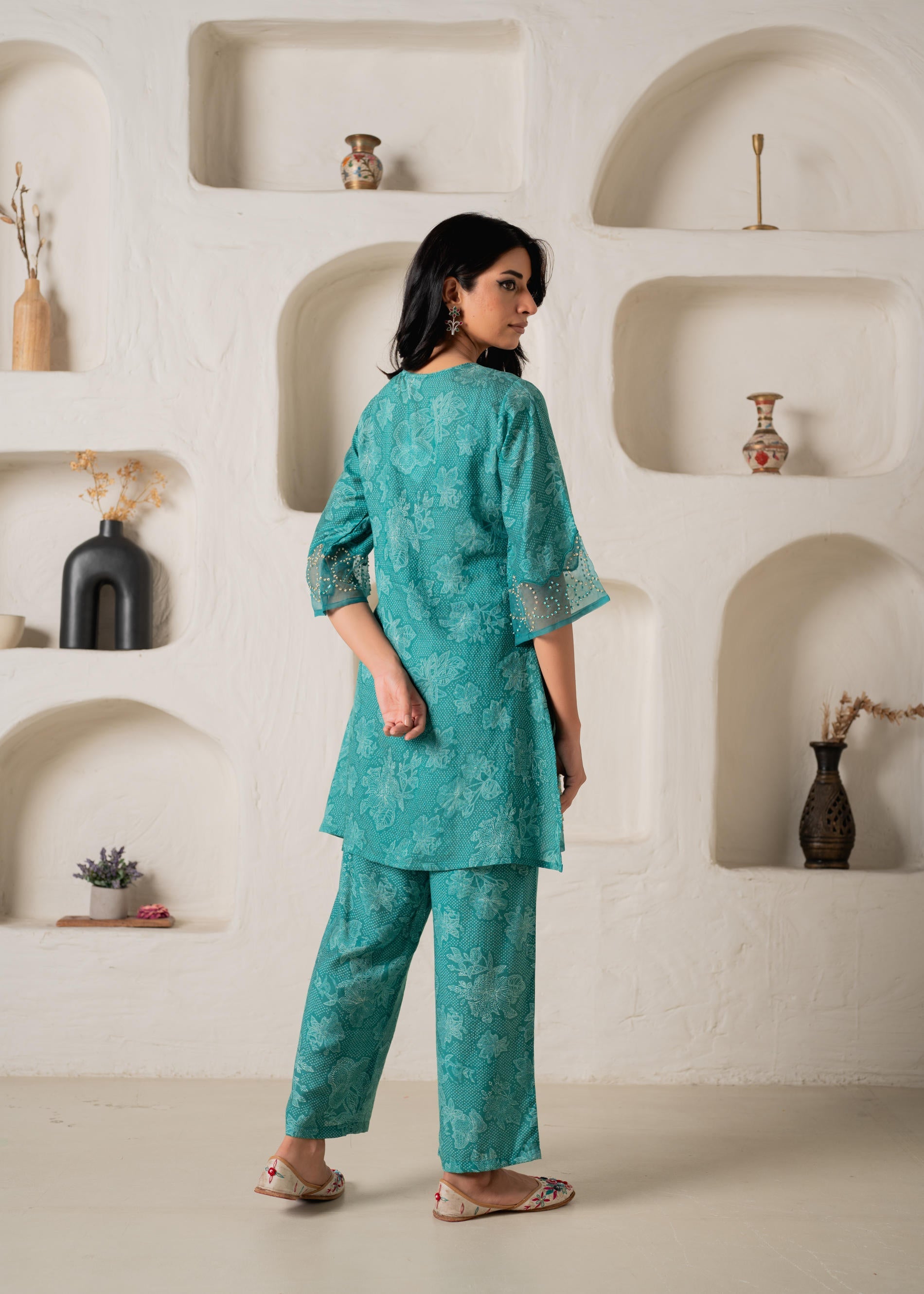 Green Floral Embellished A-Line Kurta Pant and Dupatta Set with Beads & Sequence Work