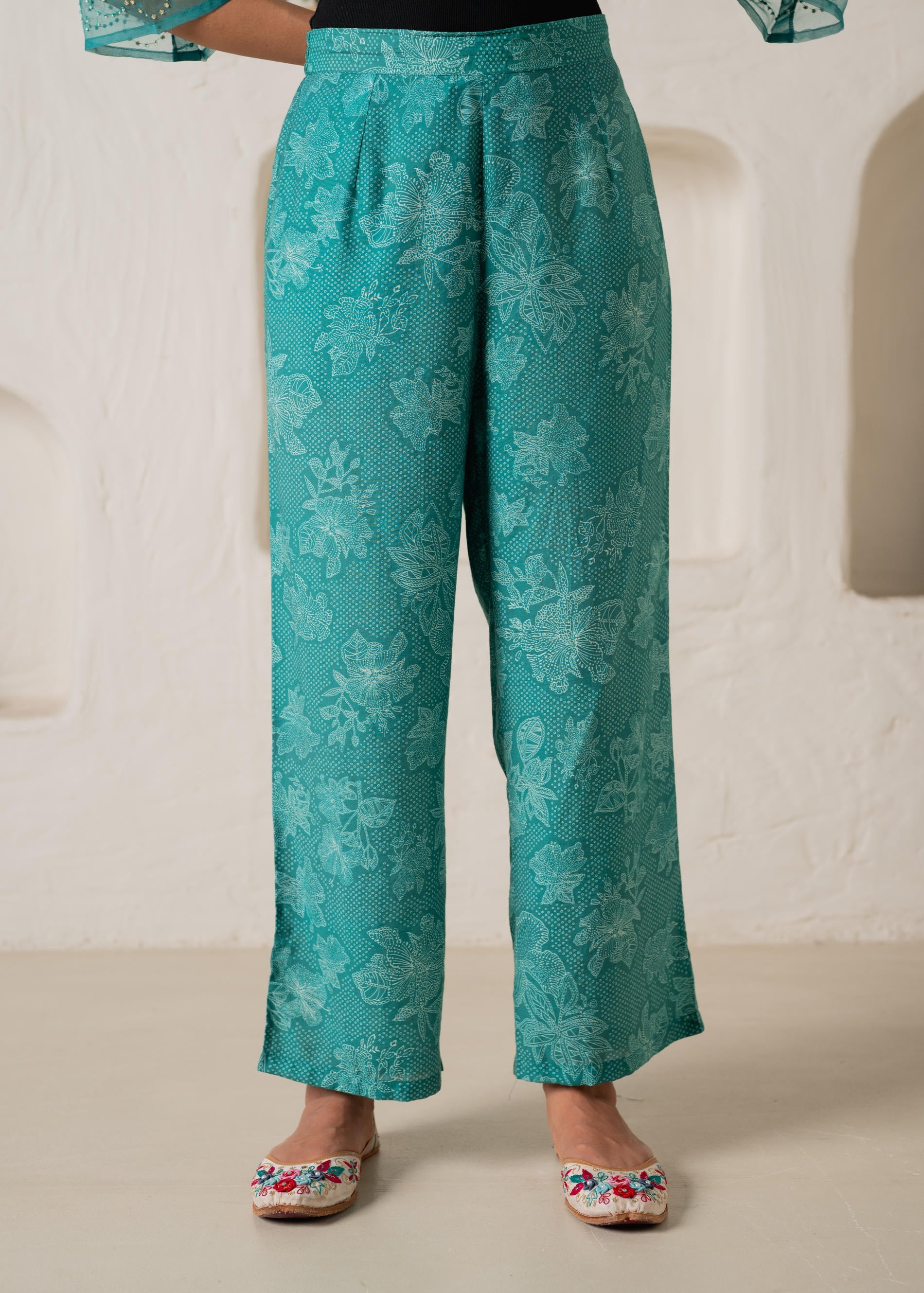 Green Floral Embellished A-Line Kurta Pant and Dupatta Set with Beads & Sequence Work