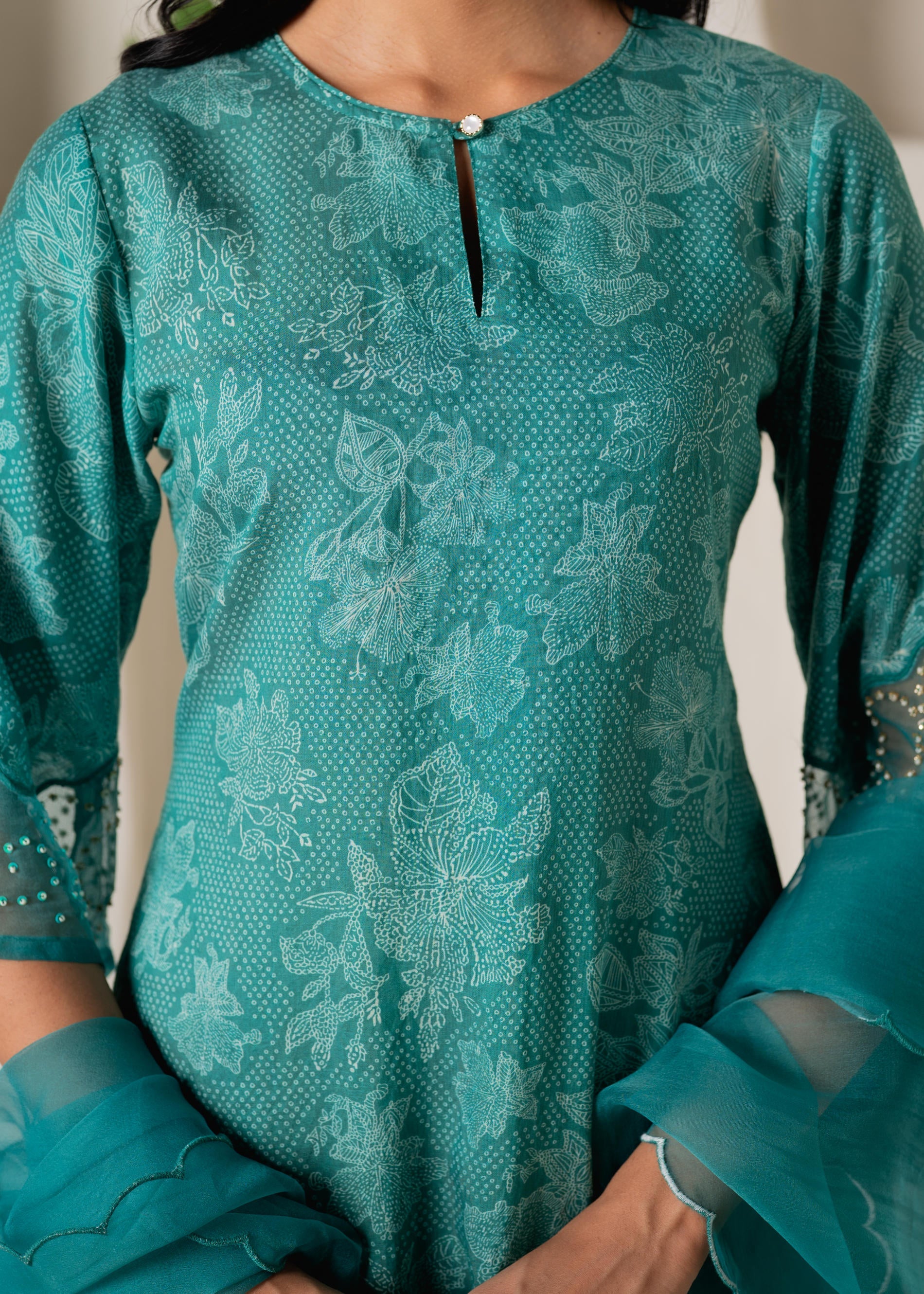 Green Floral Embellished A-Line Kurta Pant and Dupatta Set with Beads & Sequence Work