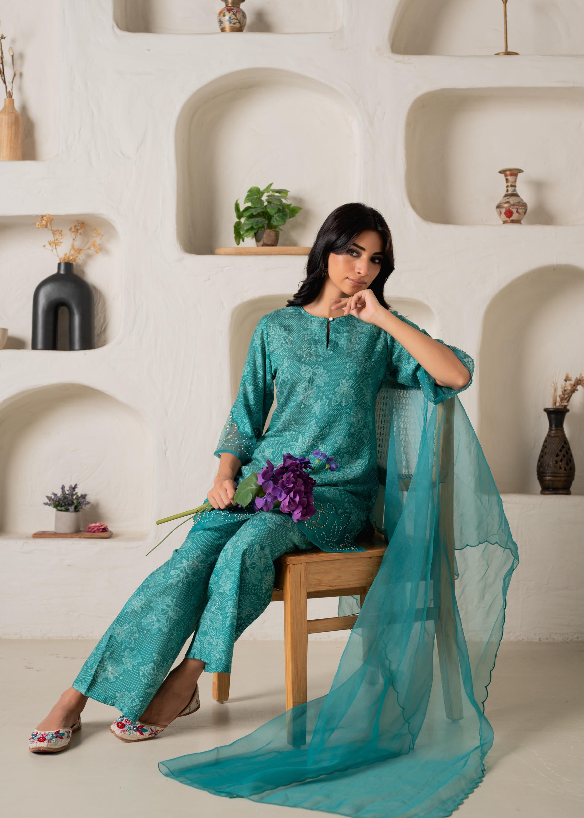 Green Floral Embellished A-Line Kurta Pant and Dupatta Set with Beads & Sequence Work