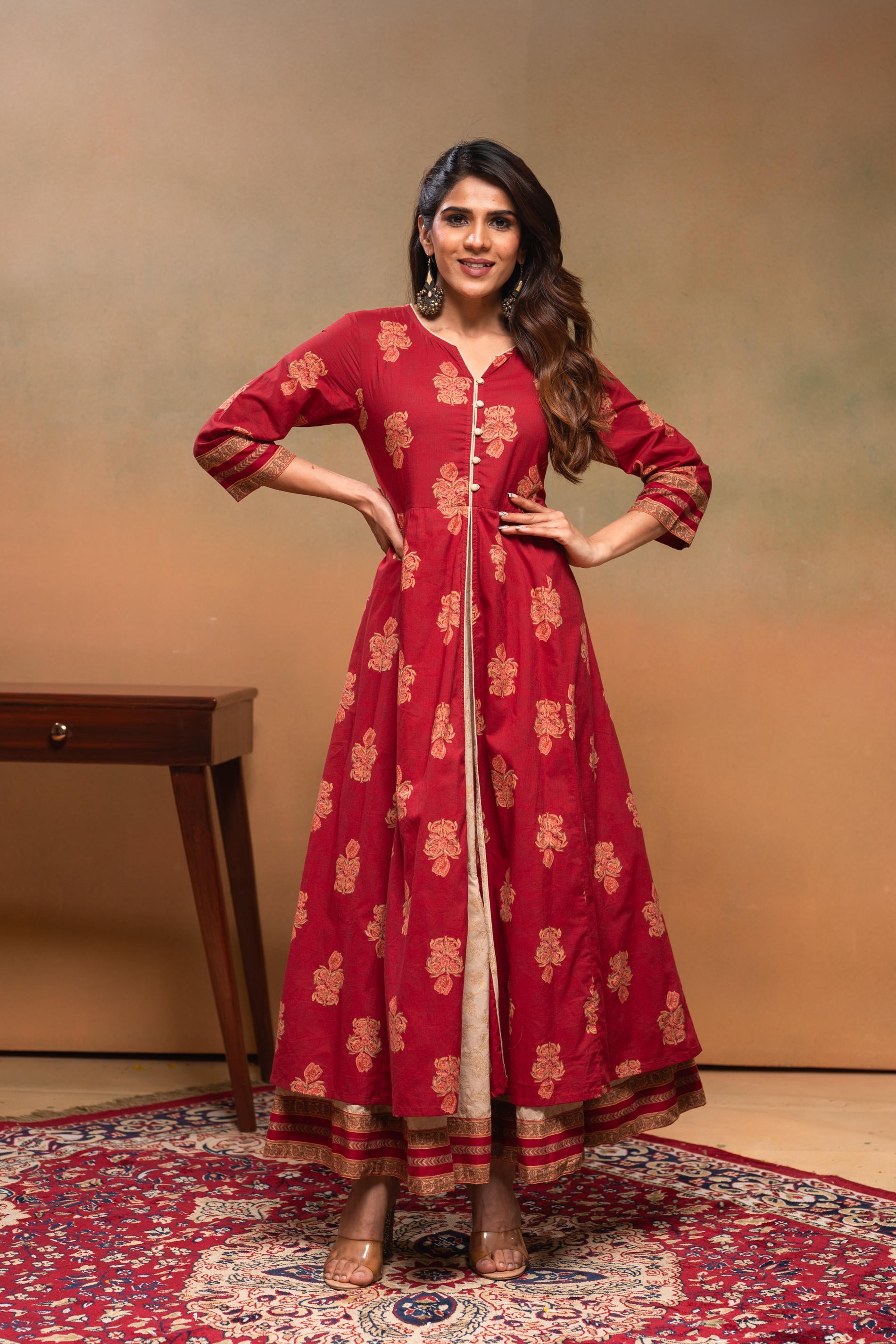 Cotton Maroon Floral Printed Long Dress with Buttons