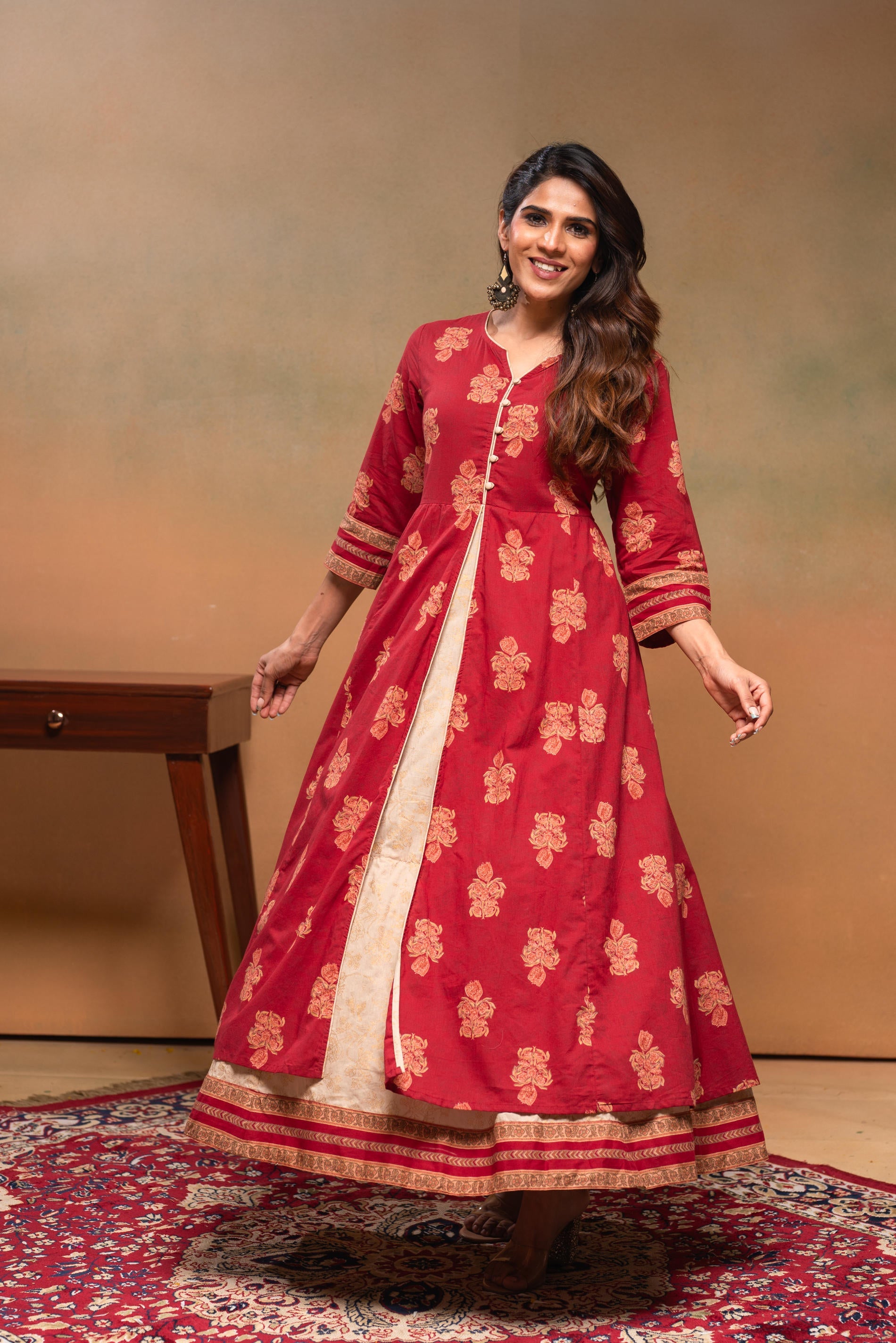 Cotton Maroon Floral Printed Long Dress with Buttons