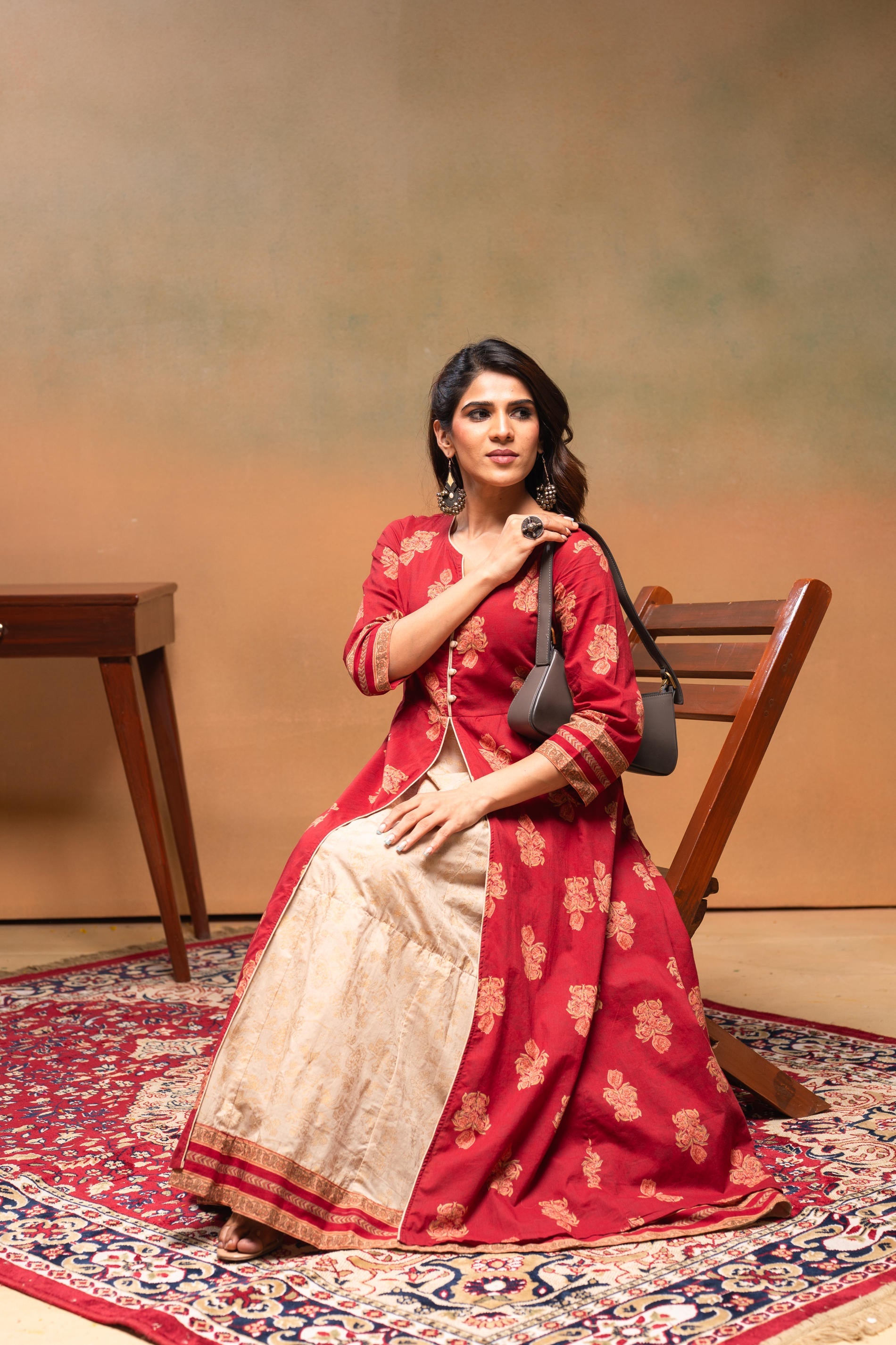 Cotton Maroon Floral Printed Long Dress with Buttons