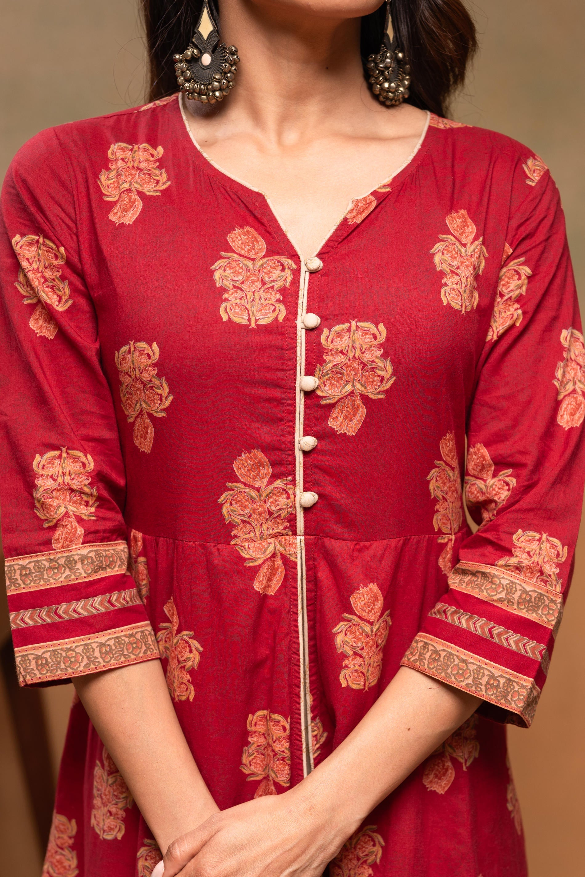 Cotton Maroon Floral Printed Long Dress with Buttons