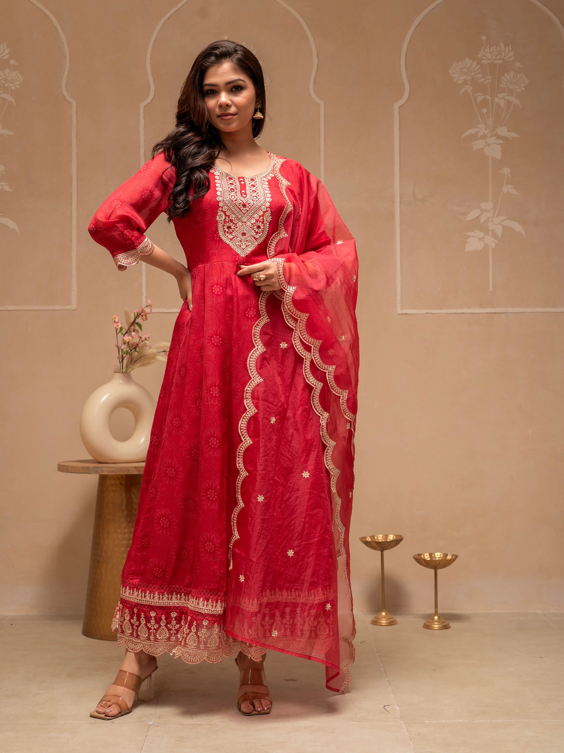 Red Floral Viscose Kurta, Pants and Dupatta Set with Mirror, Thread Work and Sequence
