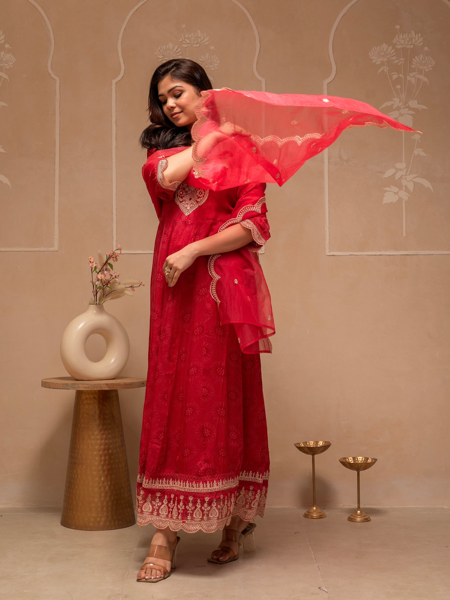 Red Floral Viscose Kurta, Pants and Dupatta Set with Mirror, Thread Work and Sequence