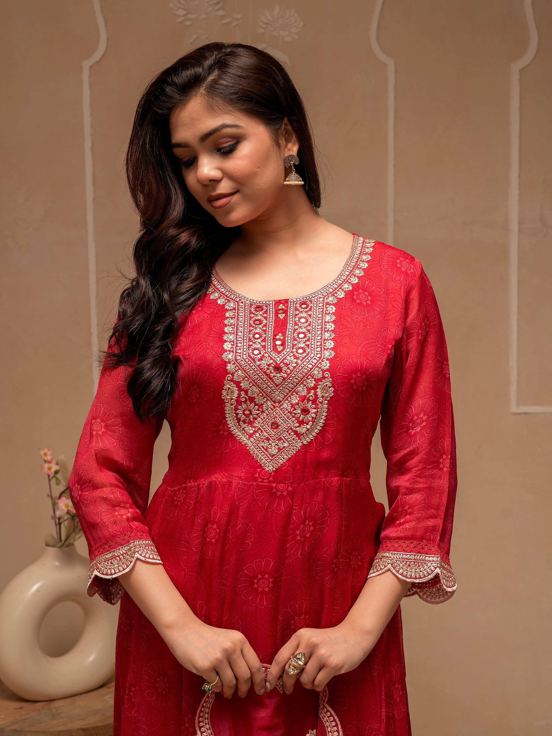 Red Floral Viscose Kurta, Pants and Dupatta Set with Mirror, Thread Work and Sequence