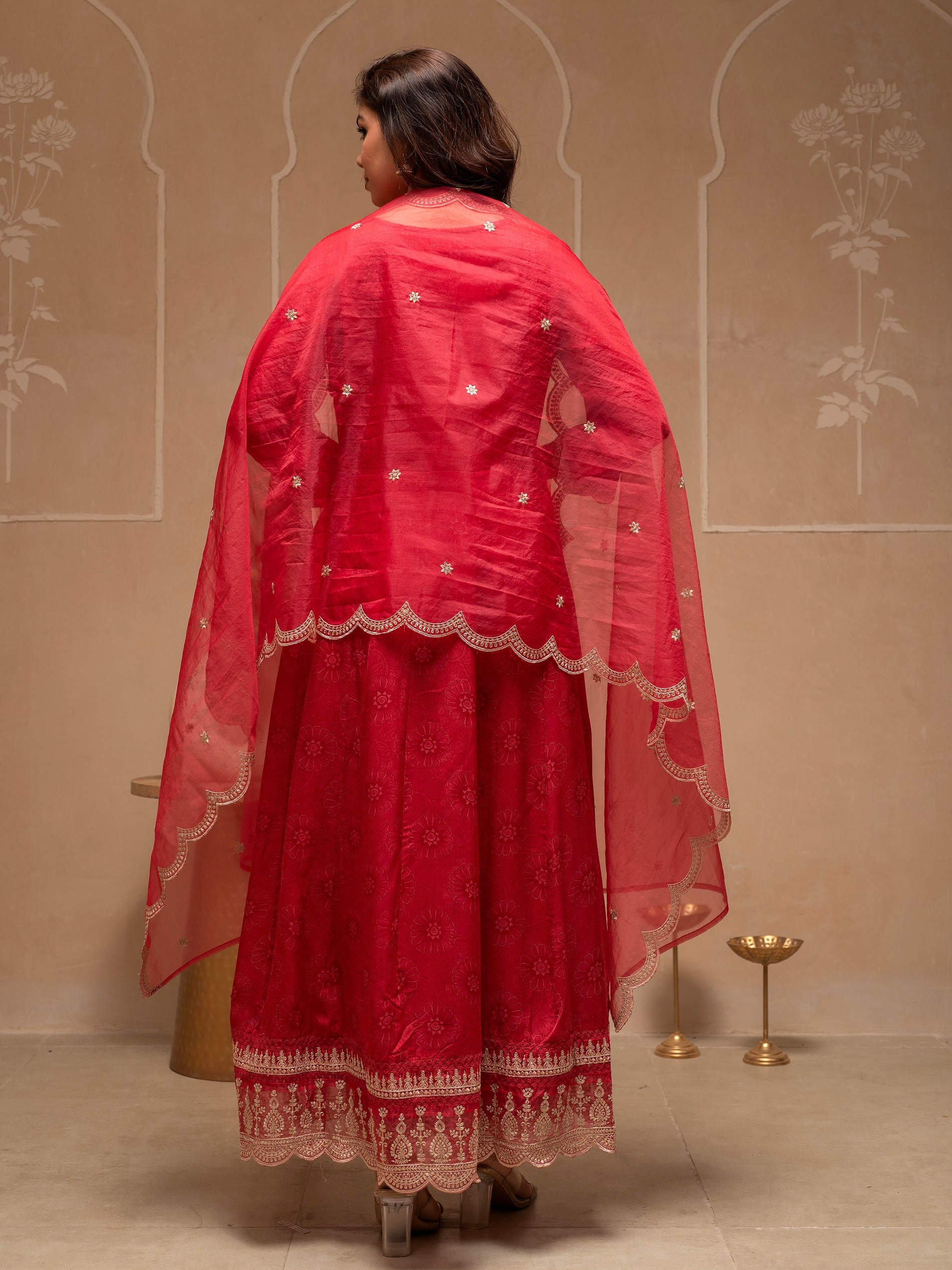Red Floral Viscose Kurta, Pants and Dupatta Set with Mirror, Thread Work and Sequence