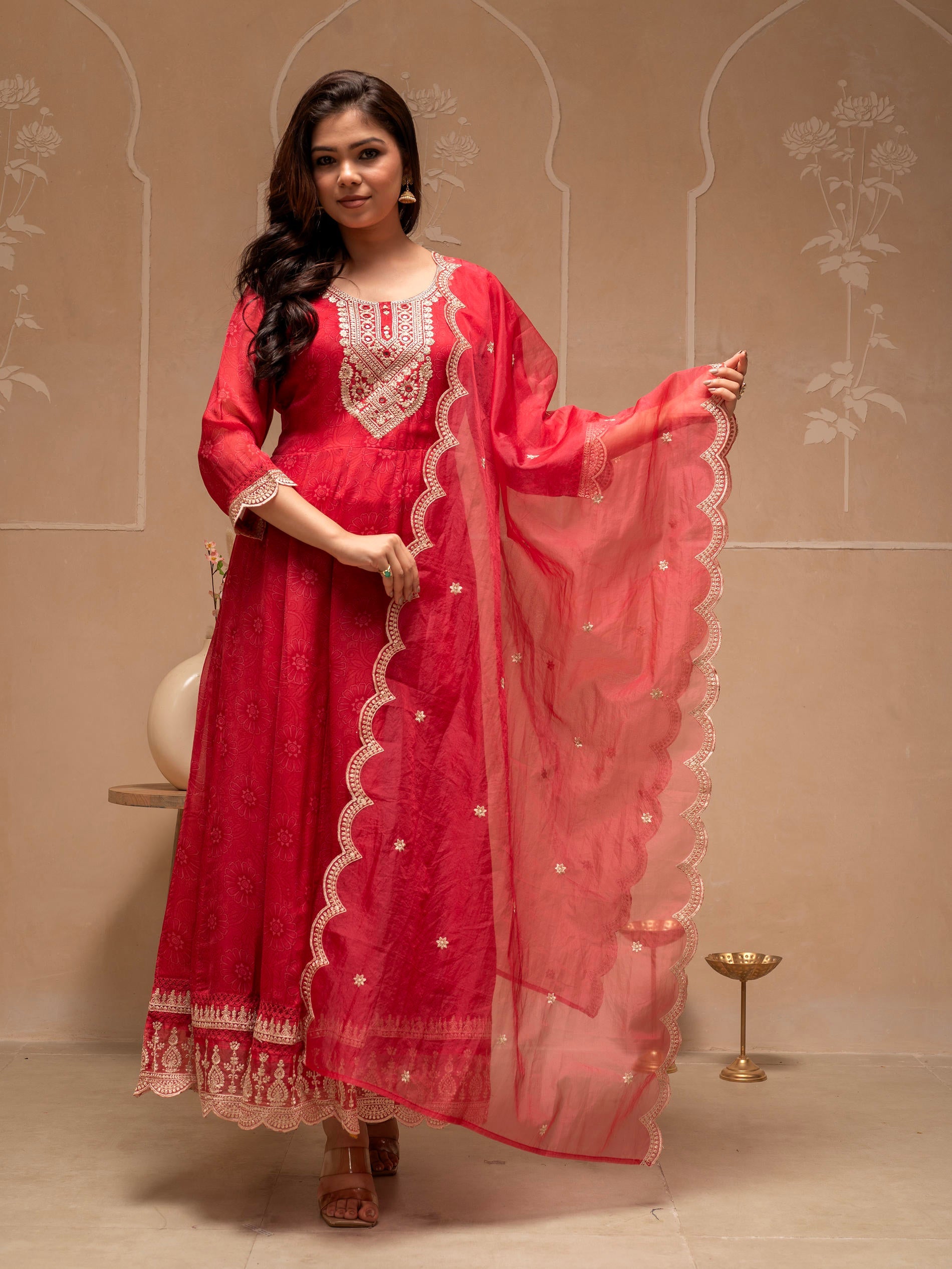 Red Floral Viscose Kurta, Pants and Dupatta Set with Mirror, Thread Work and Sequence