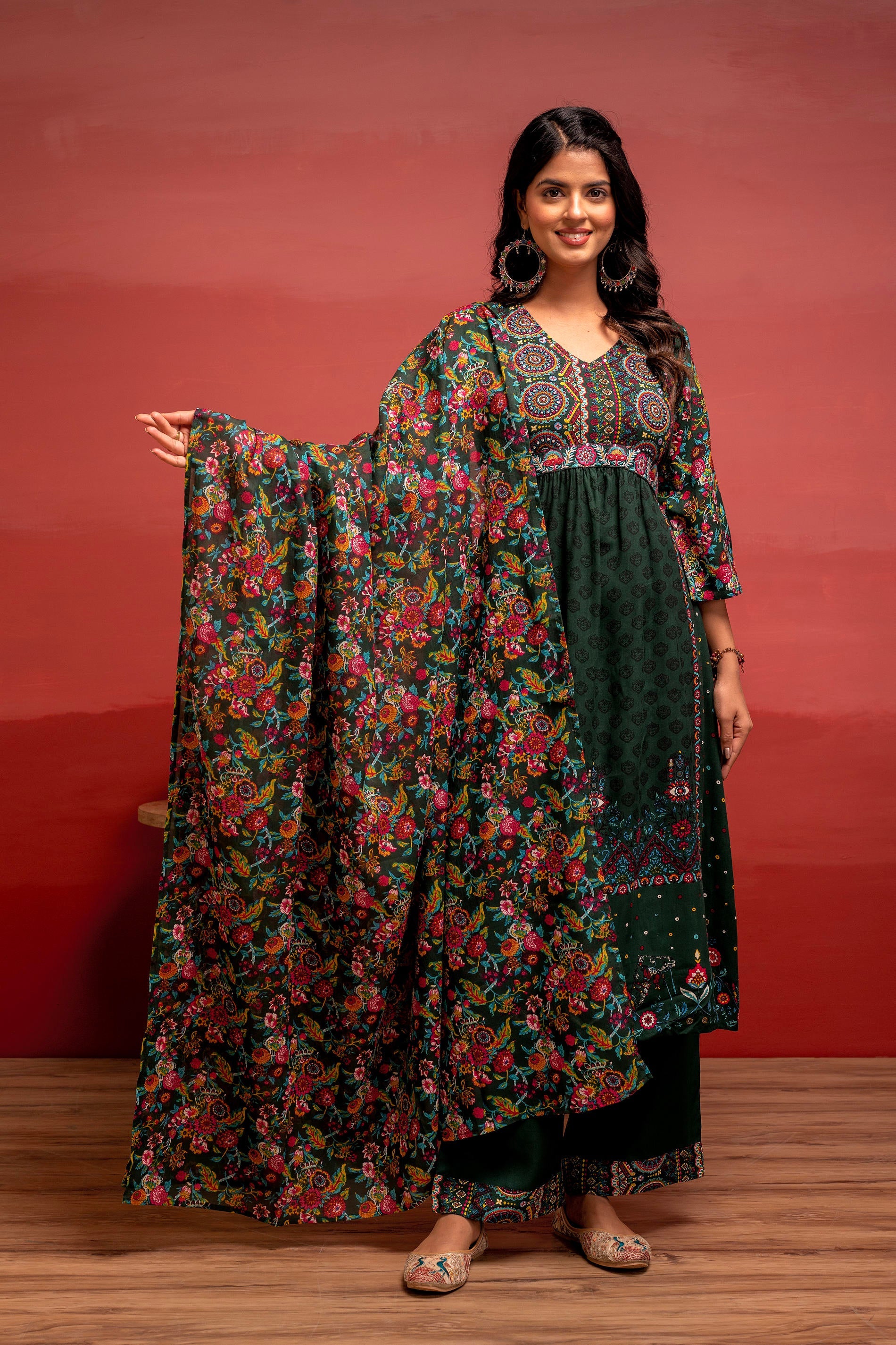 Bottlegreen Floral Viscose Kurta Pant Dupatta Set with Thread Work and Sequence