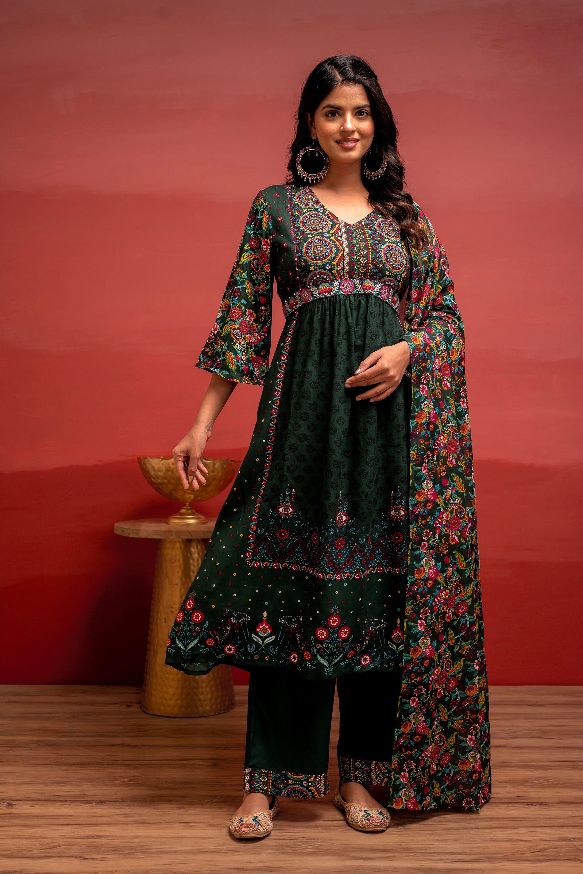Bottlegreen Floral Viscose Kurta Pant Dupatta Set with Thread Work and Sequence