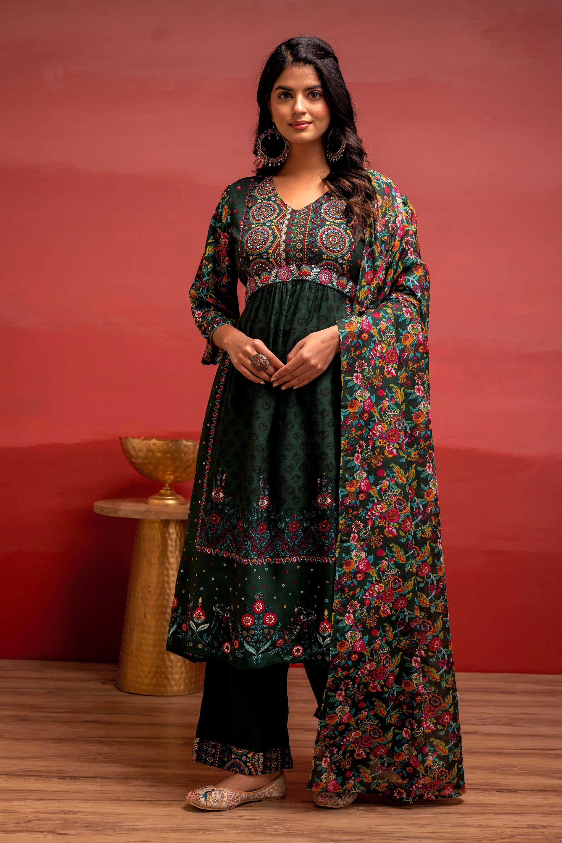 Bottlegreen Floral Viscose Kurta Pant Dupatta Set with Thread Work and Sequence