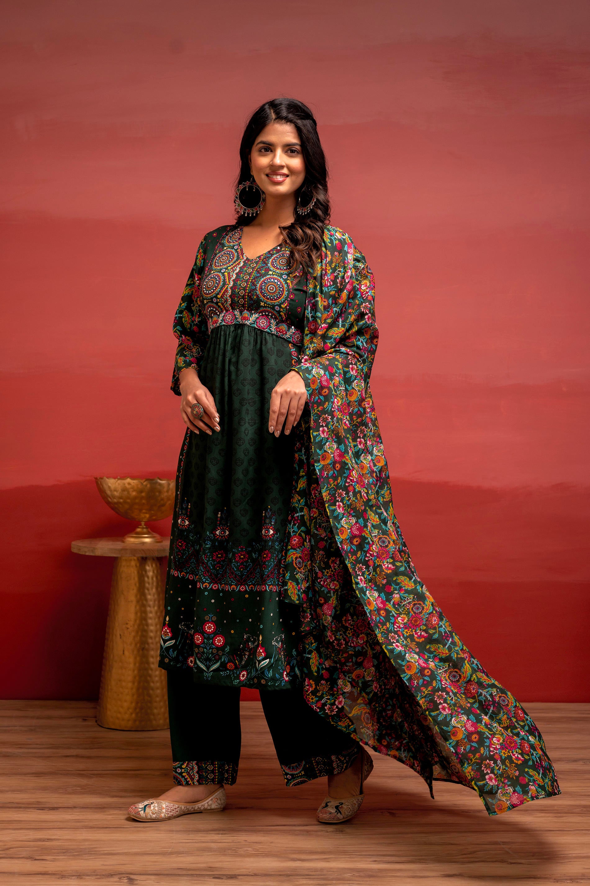 Bottlegreen Floral Viscose Kurta Pant Dupatta Set with Thread Work and Sequence