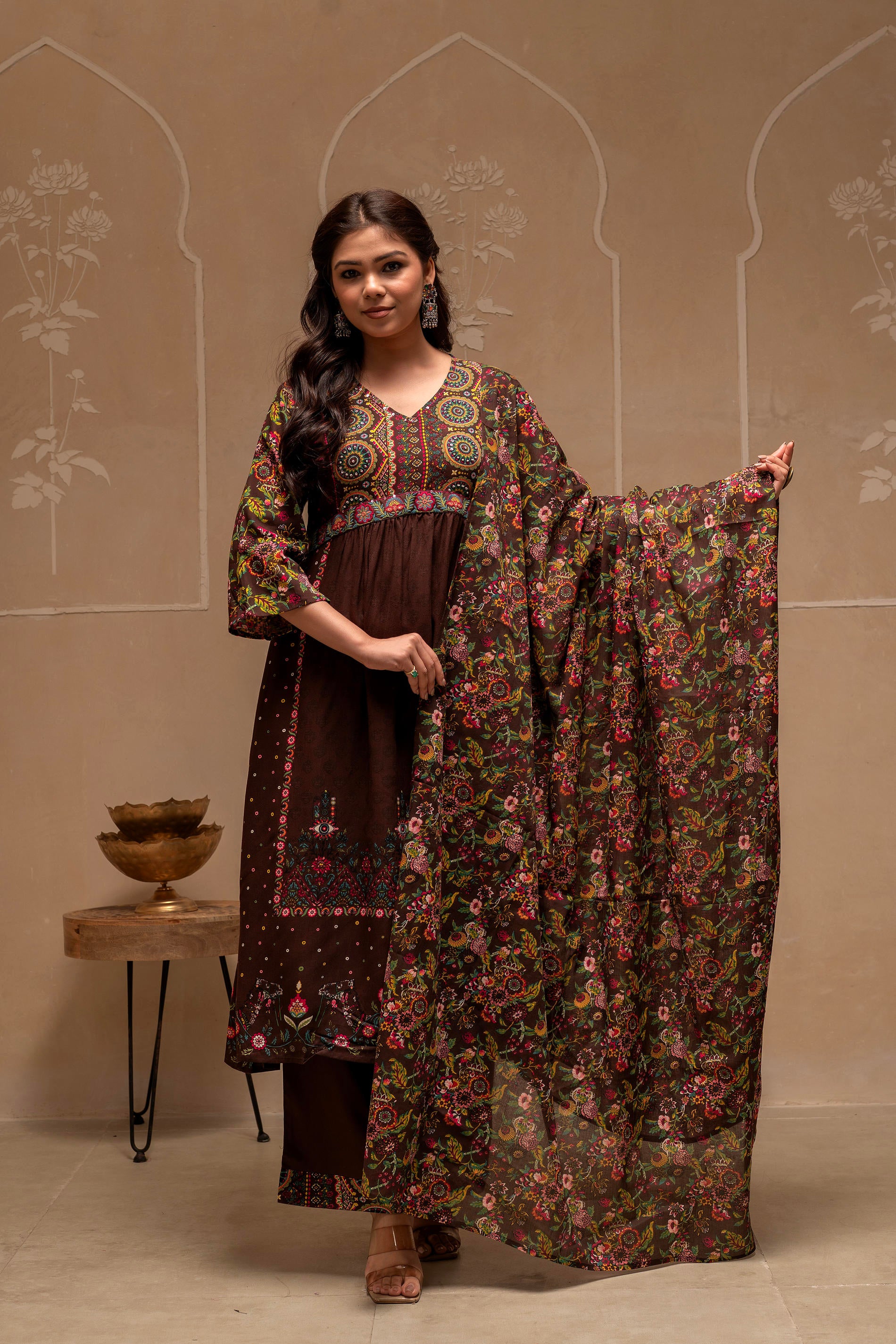 Brown Floral Viscose Kurta Pant Dupatta Set with Thread Work and Sequence